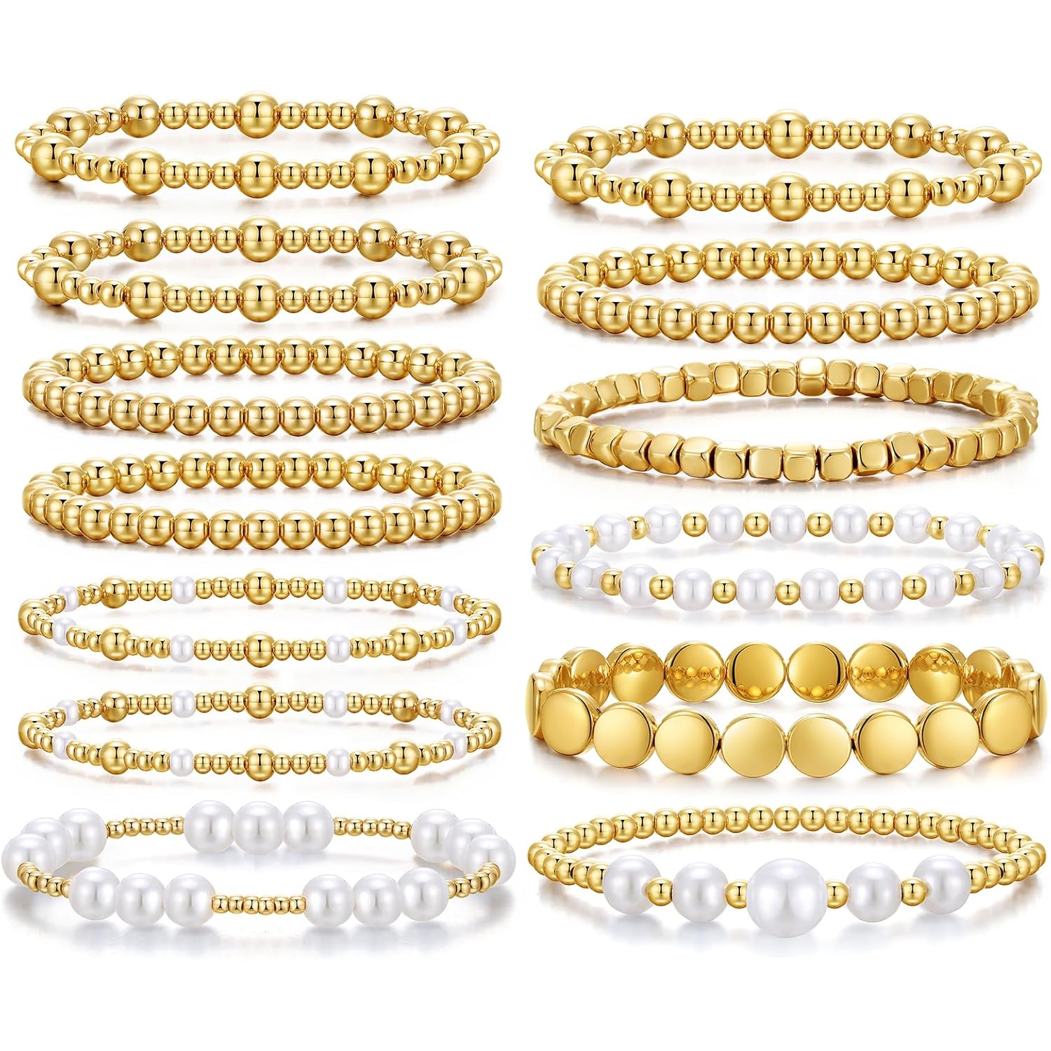 KISS WIFE Gold Bracelets for Women Gold Bracelet Stack Pearl Beaded Bracelets for Women Strand Bead Ball Stretchable Elastic Bracelet Set Adjustable Fashion Accessories Jewelry for Gifts (Beads and Pearls)