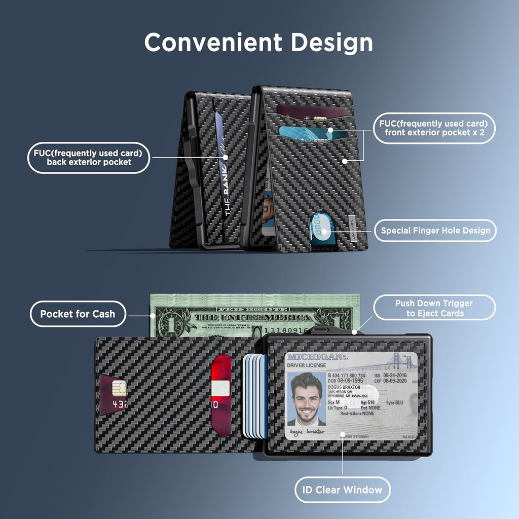 Wallet for Men - Pop Up Case, Cash Slot, and Credit Card Slot - Slim Aluminum Wallet with RFID Blocking, Minimalist Leather Wallet Front Pocket with ID Window (Carbon Fiber)