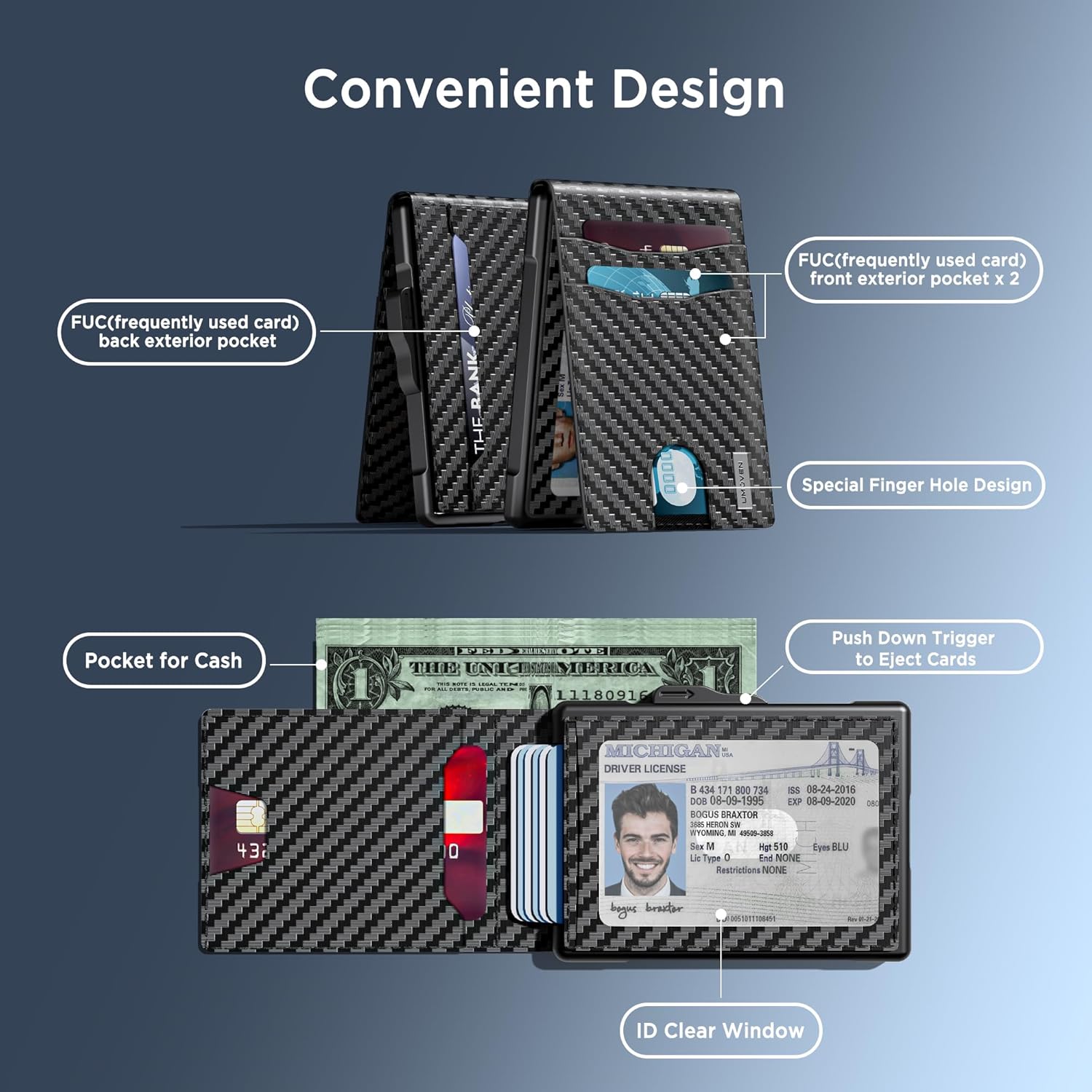 Wallet for Men - Pop Up Case, Cash Slot, and Credit Card Slot - Slim Aluminum Wallet with RFID Blocking, Minimalist Leather Wallet Front Pocket with ID Window (Carbon Fiber)