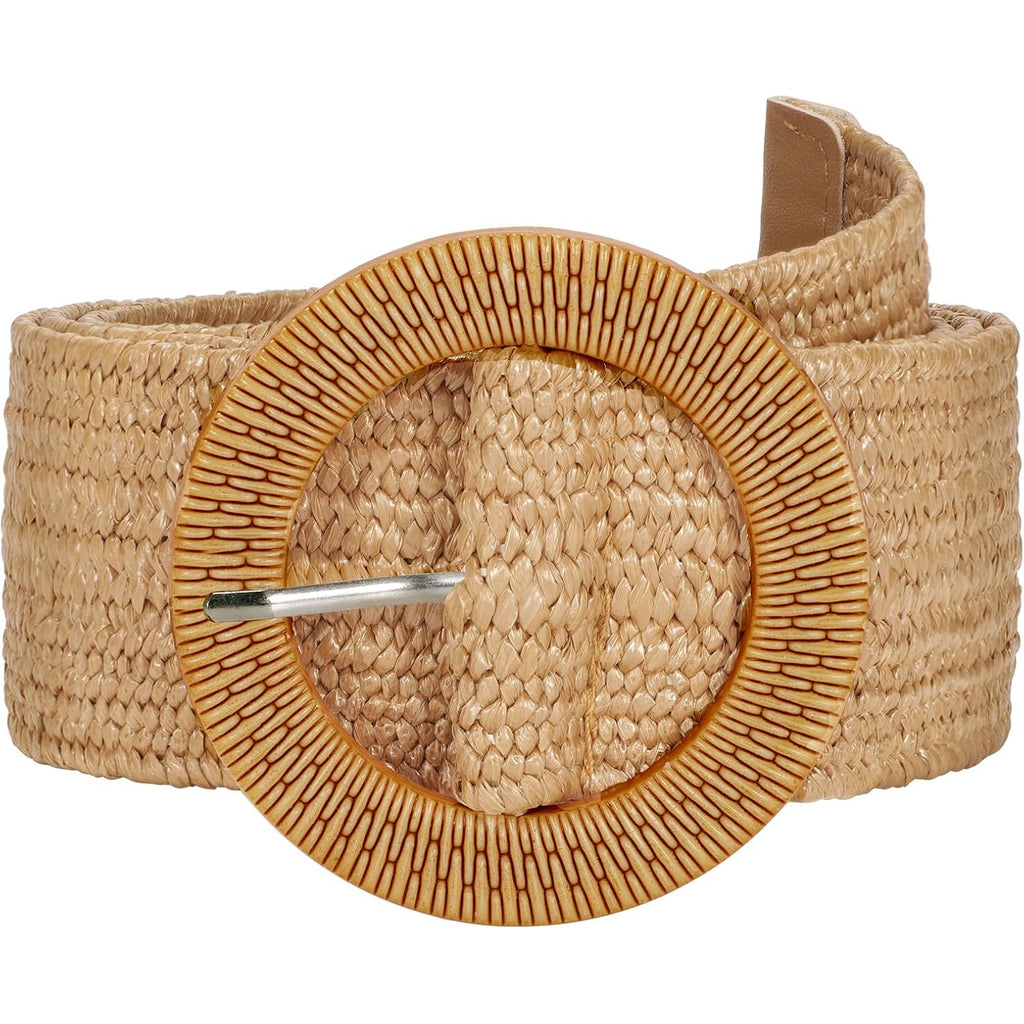 SUOSDEY Straw Woven stretchy Waist Belt for Women Dresses,Wide Boho Braided Elastic Belt with Round Buckle