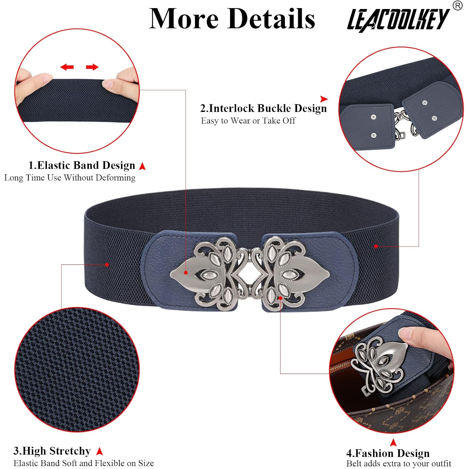 LEACOOLKEY 4 Pack Women Wide Elastic Waist Belt for Dress Plus Size Vintage Stretch Cinch Belt Retro Buckle 2.36" Width