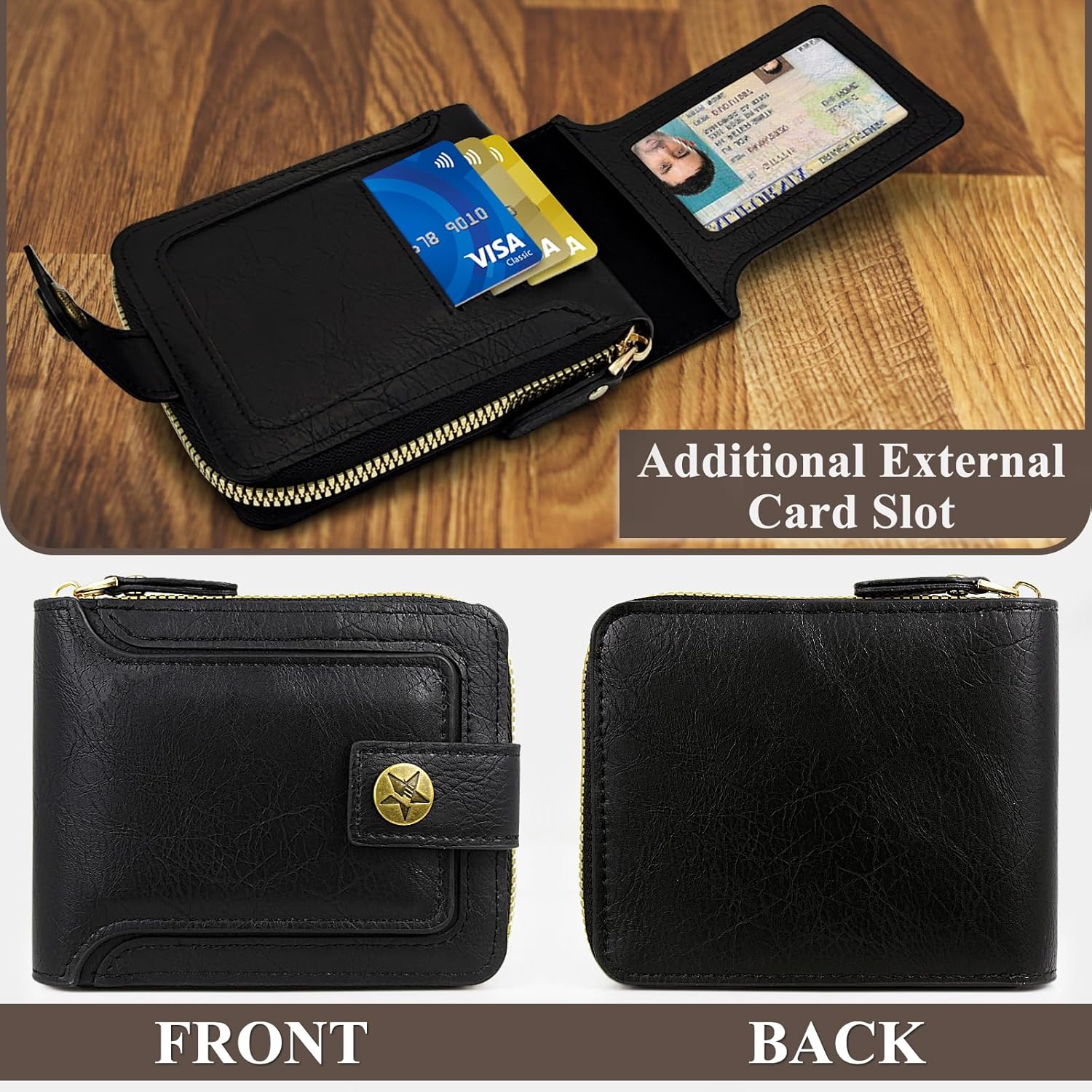 Men Wallet, Vintage PU Leather Multi-Card Zipper Wallet with 10 Card Slots and Zipper Pocket Large Capacity Buckle Credit Card Holder Wallet with Zipper (A, Brown)