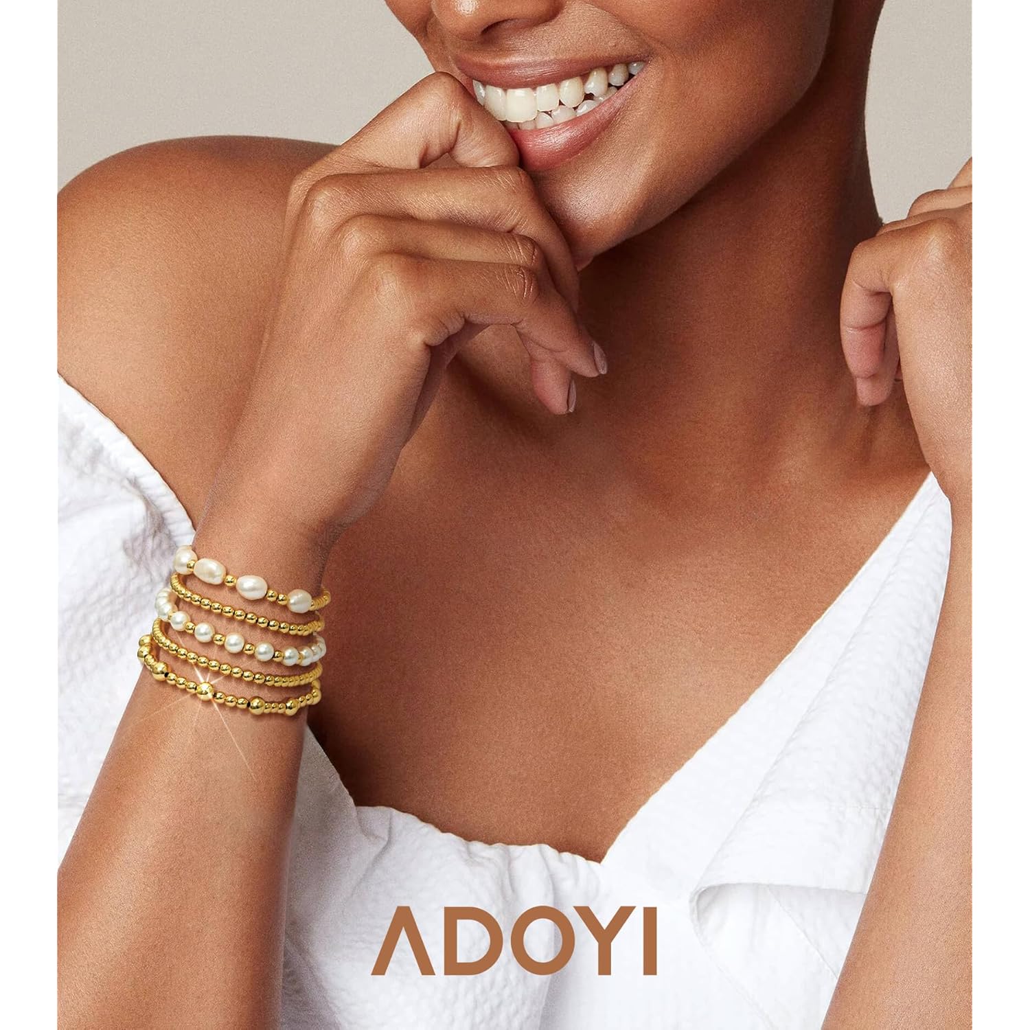 adoyi Gold Bracelets for Women Beaded Bracelet 14K Gold Plated Bracelet Stack Strand Stretch Bead Ball Bracelet Set Stackable Bracelet Adjustable Bracelet Set Jewelry for Gifts