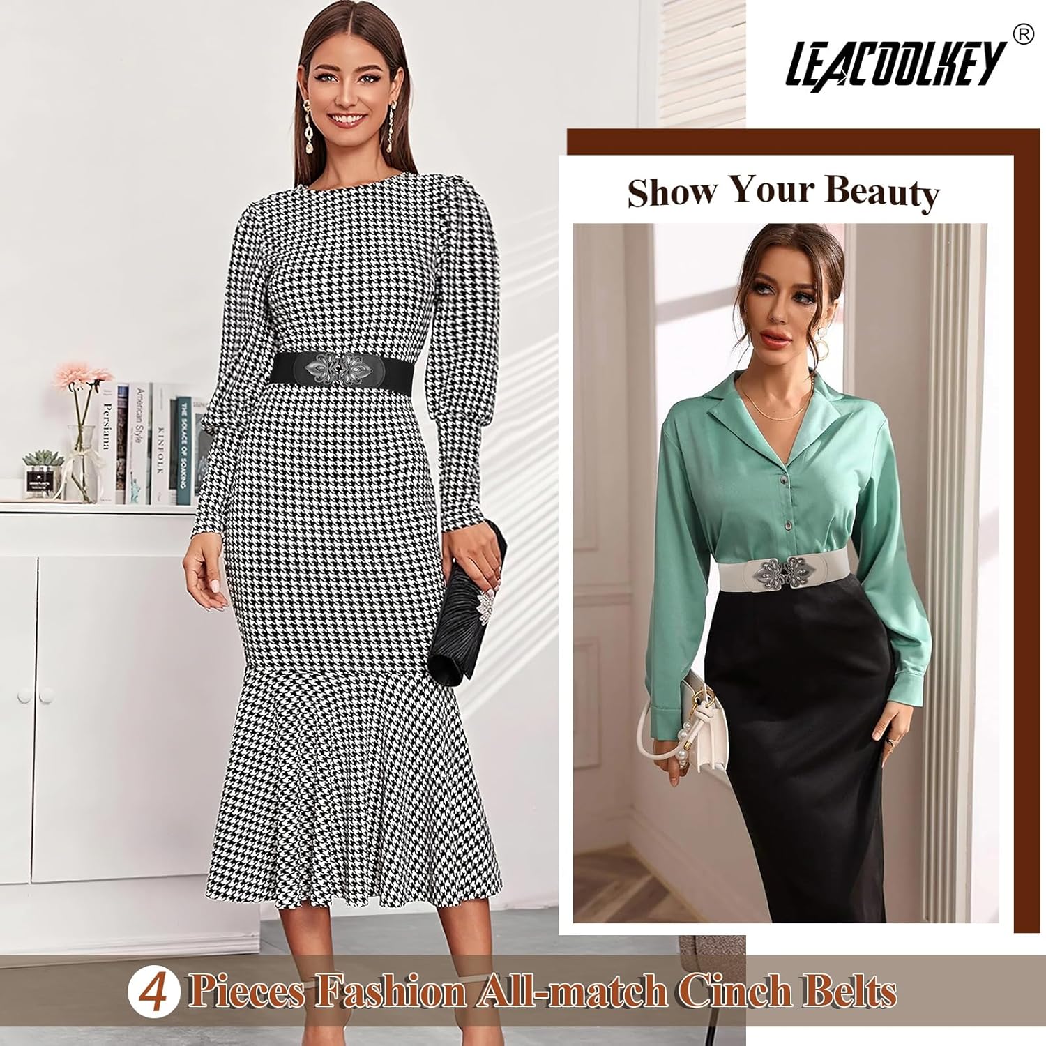 LEACOOLKEY 4 Pack Women Wide Elastic Waist Belt for Dress Plus Size Vintage Stretch Cinch Belt Retro Buckle 2.36" Width