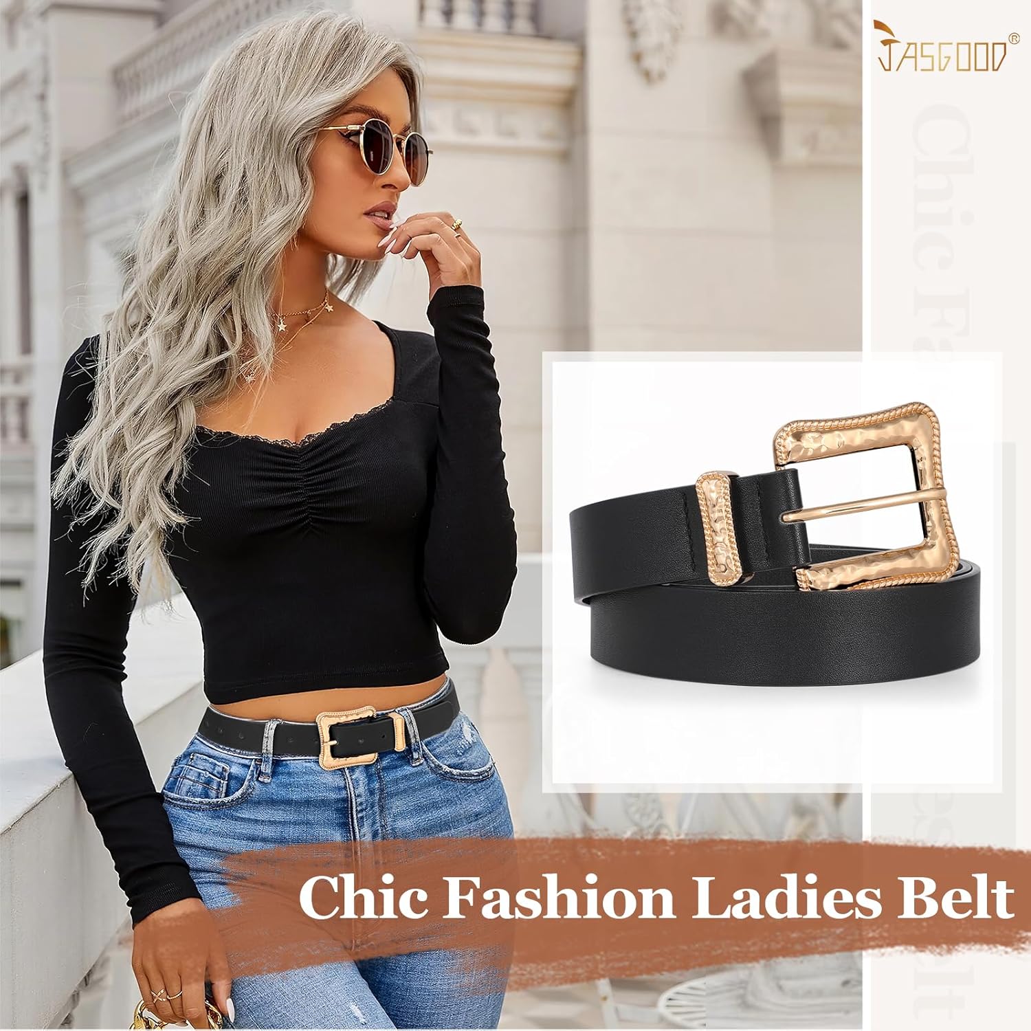 JASGOOD Plus Size Women's Leather Belt for Jeans Pants, Fashion Ladies Waist Belt with Gold Buckle