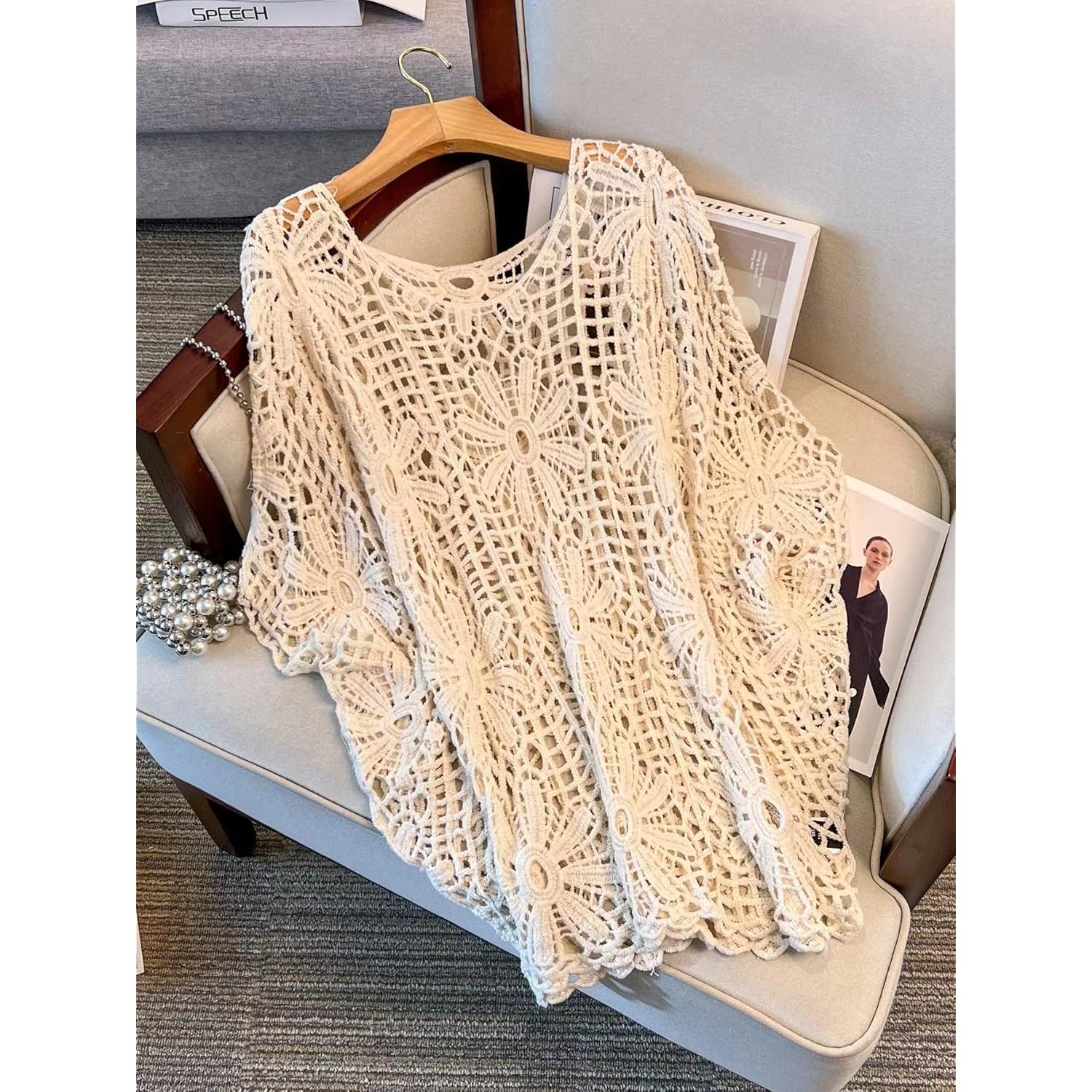 MakeMeChic Women's Plus Size Crochet Tops Floral Dolman Sleeve Summer Spring Top