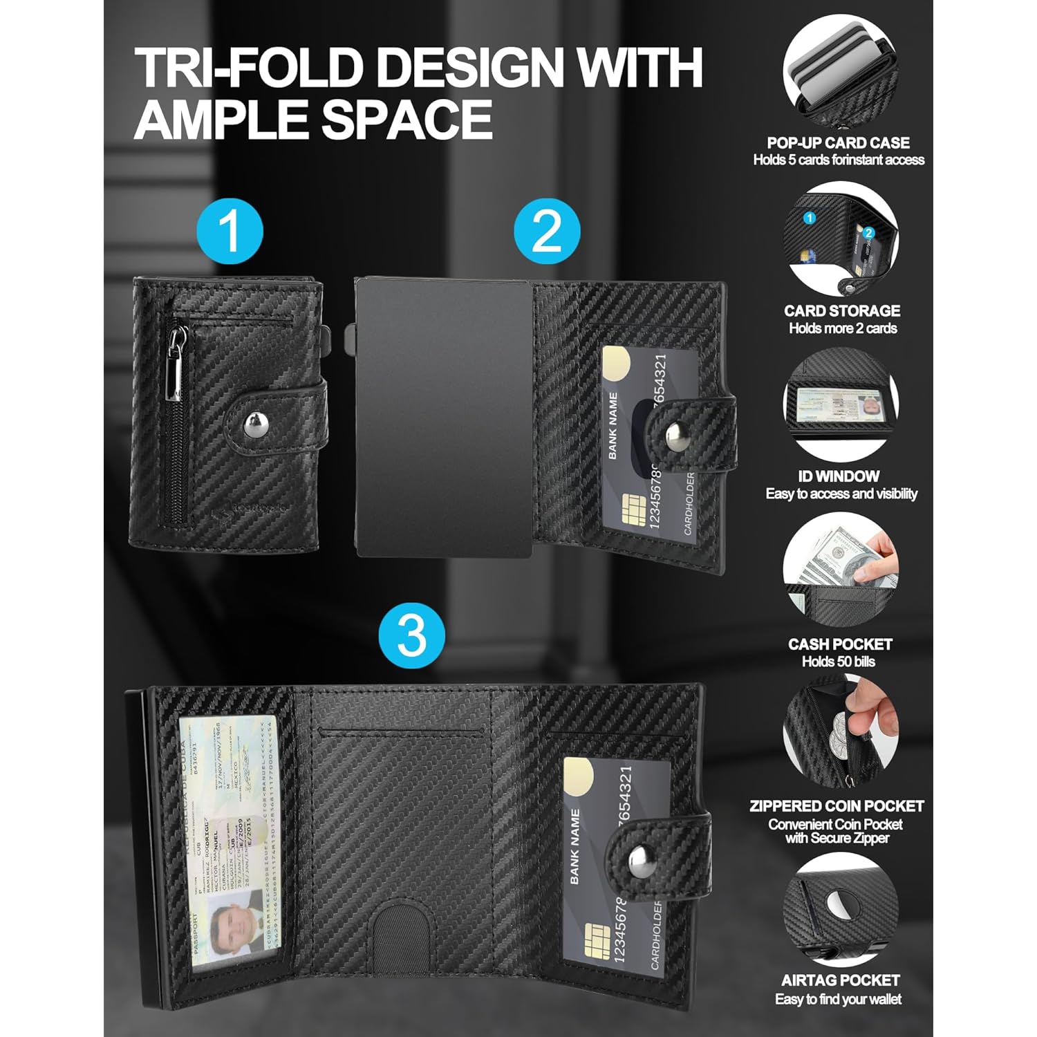 Mens Wallet Credit Card Holder - with AirTag Holder, 2 ID Windows | Trifold Leather | RFID Blocking Pop Up Wallet | Cash Slot | Coin Pocket | Morden Business Stylish Slim | Gifts for Men