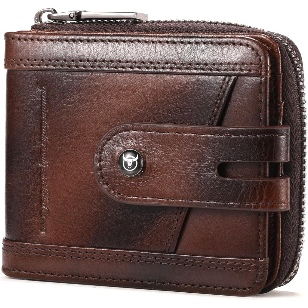 BULLCAPTAIN Genuine Leather Men's Wallet with Zipper Vintage RFID Blocking Large Capacity Wallet for Men with 14 Credit Card Slots and 1 ID Window T23 (Coffee)