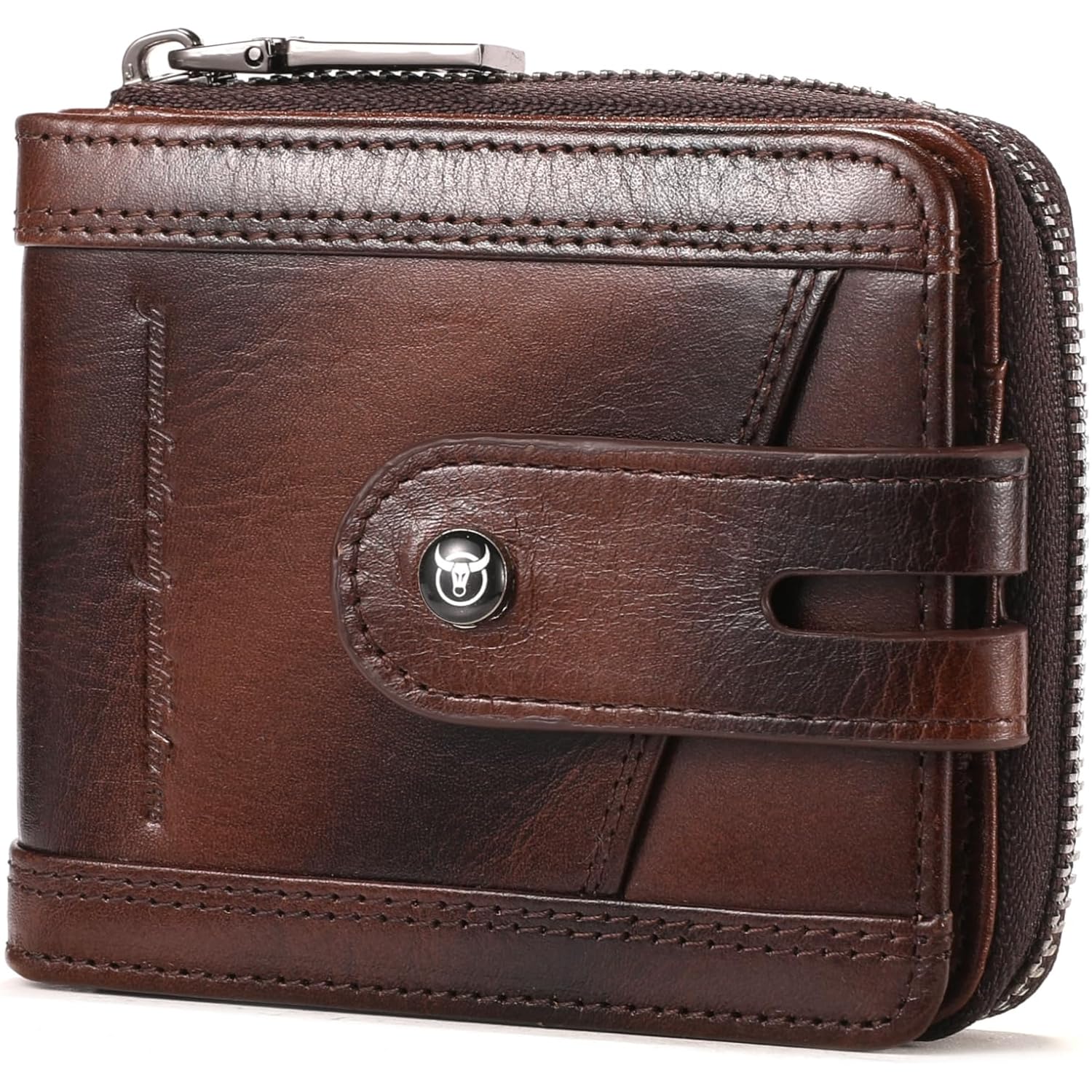BULLCAPTAIN Genuine Leather Men's Wallet with Zipper Vintage RFID Blocking Large Capacity Wallet for Men with 14 Credit Card Slots and 1 ID Window T23 (Coffee)