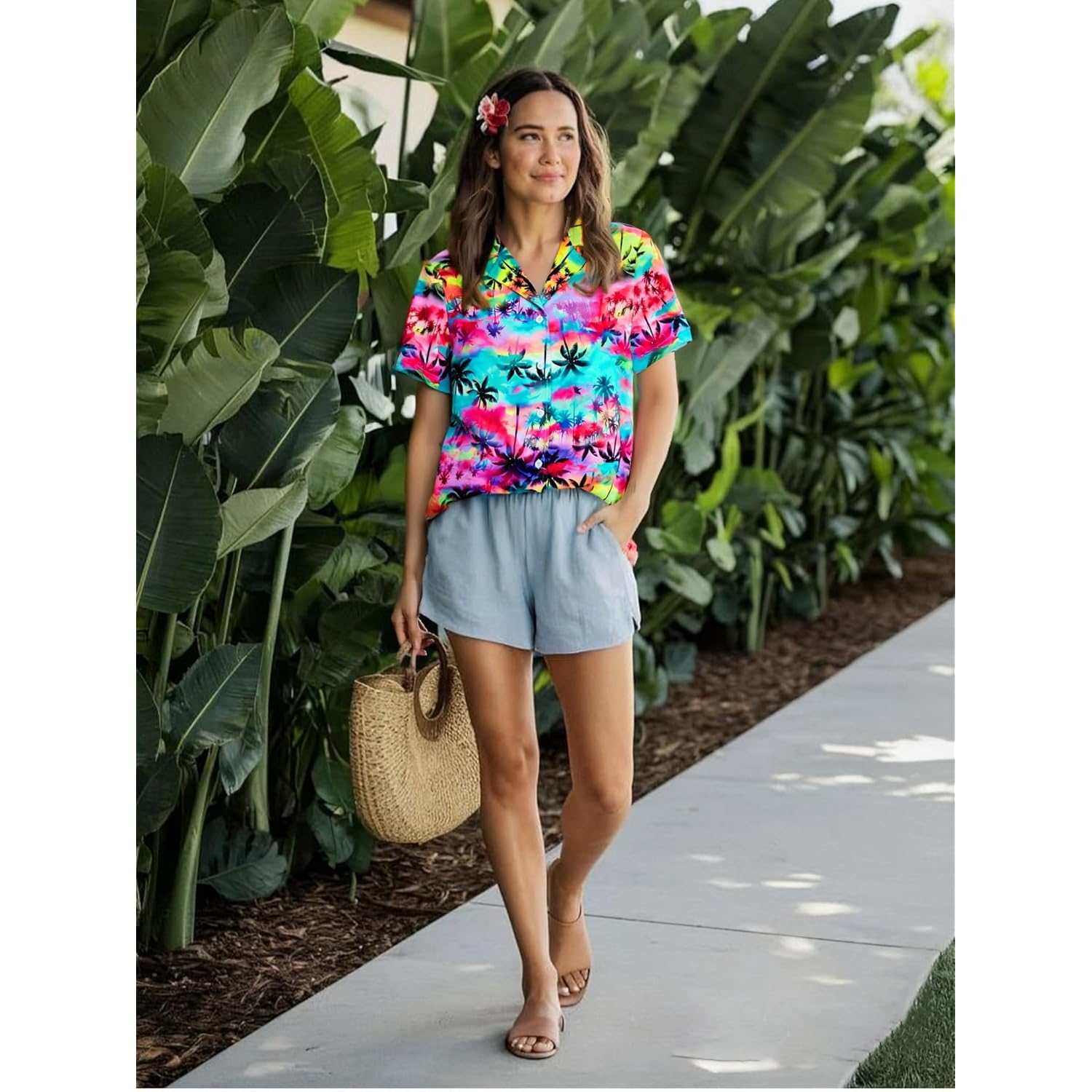 Women Hawaiian Shirt Soft Cool Summer Hawaii Tshirts Beach Tropic Print V Neck Button up Tops Floral Short Sleeve Tops