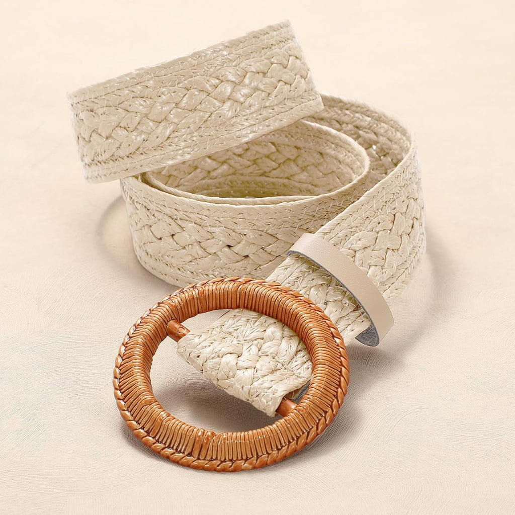 Women Woven Belts for Dresses Jeans Boho Straw Waist Belt Braided Raffia Ladies Belts with Circle Buckle