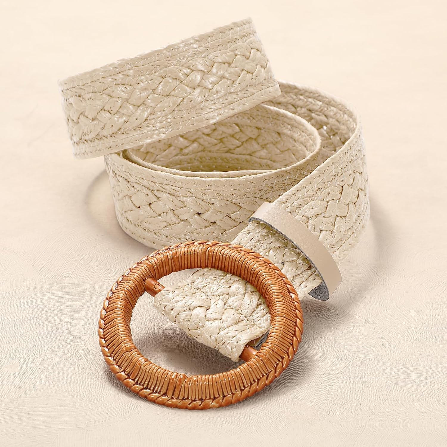 Women Woven Belts for Dresses Jeans Boho Straw Waist Belt Braided Raffia Ladies Belts with Circle Buckle