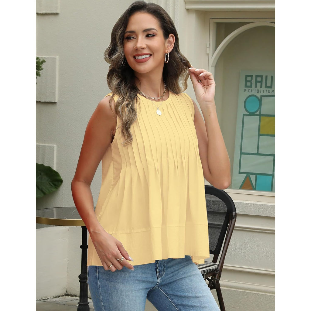 Womens Summer Pleated Peplum Sleeveless Blouse Tank Tops Round Neck Y2K Babydoll Blouse Shirt