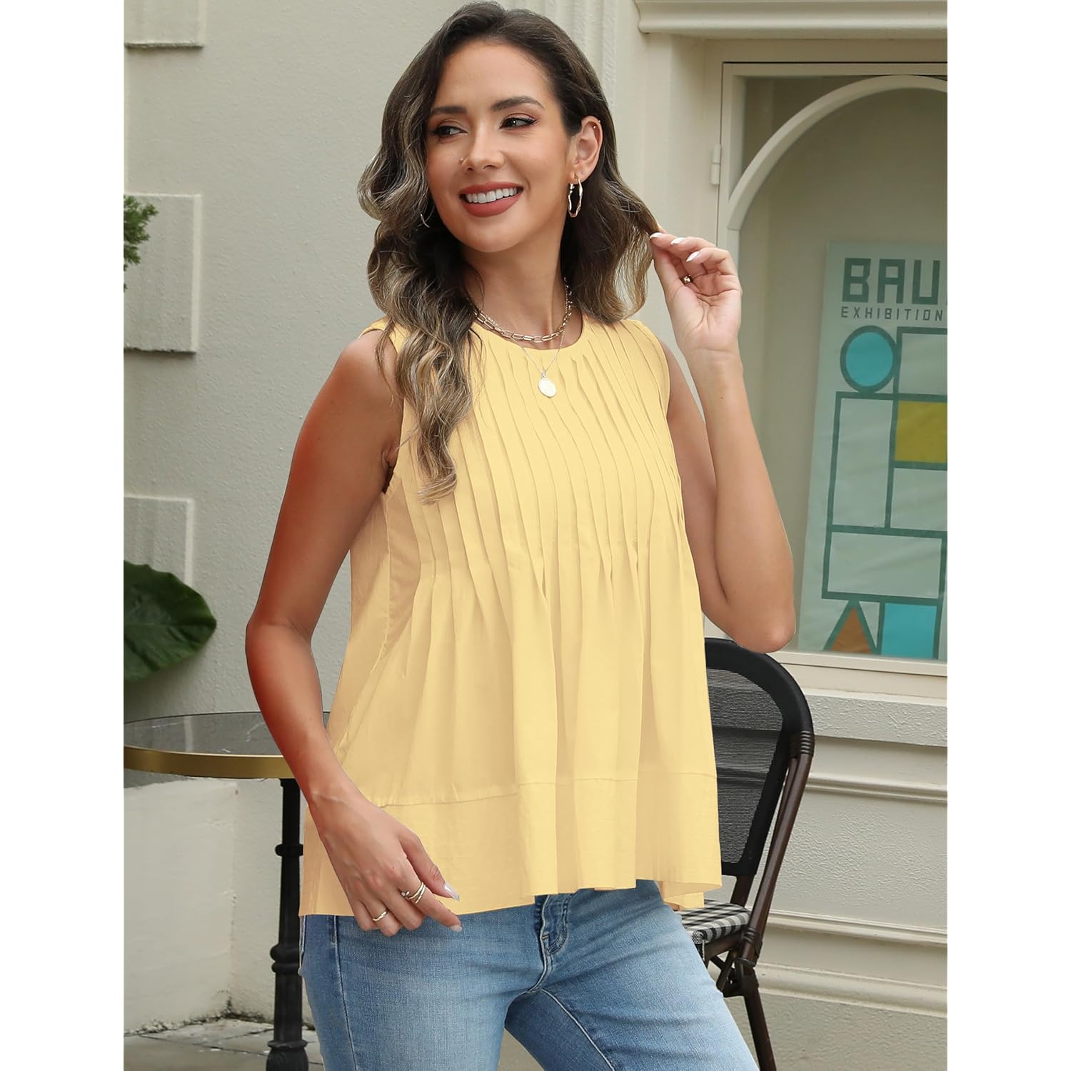 Womens Summer Pleated Peplum Sleeveless Blouse Tank Tops Round Neck Y2K Babydoll Blouse Shirt