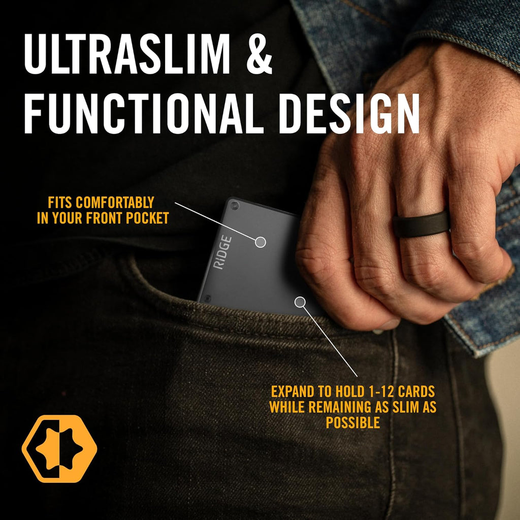 The Ridge Wallets for Men - Slim Minimalist Compact Wallet and Card Holder, RFID Protected Front Pocket Wallets with Integrated Cash Strap (Gunmetal)