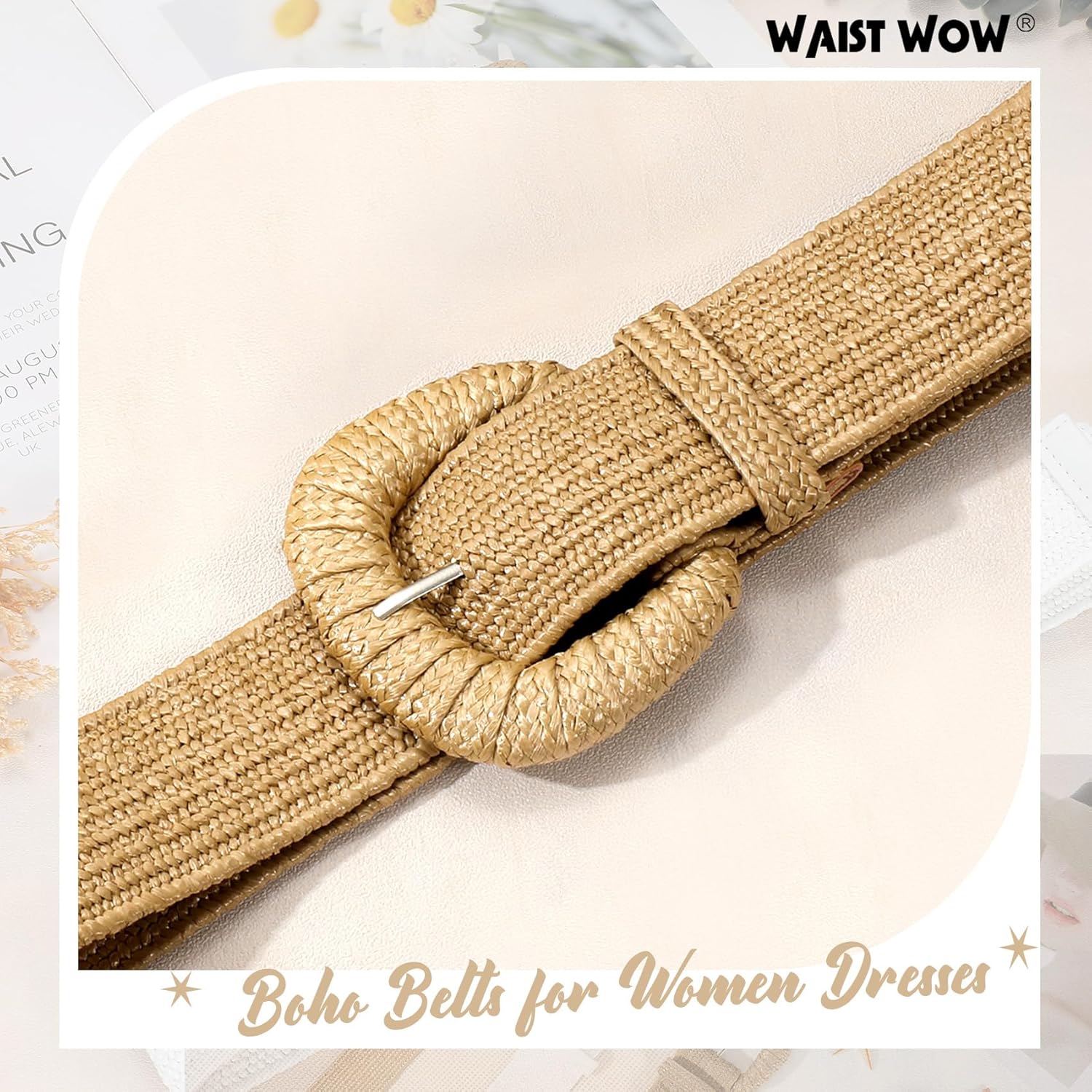 Straw Woven Elastic Belt for Women Stretchy Belts for Dress Fashion Boho Waist Belt Rattan Raffia Ladies Belts