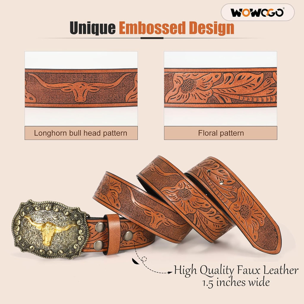 Women Men Western Belts Cowboy Cowgirl Country Belt Longhorn Bull Buckle Floral Embossed Belt for Jeans Dresses