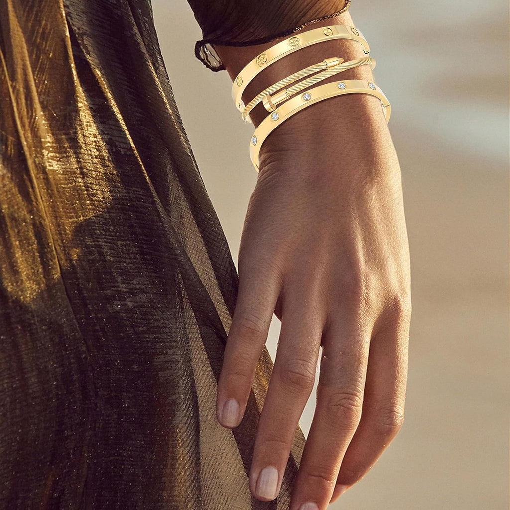 Gold Bracelets for Women - Stackable Bangles with Friendship & Love Theme - Stainless Steel Jewelry Gift for Her