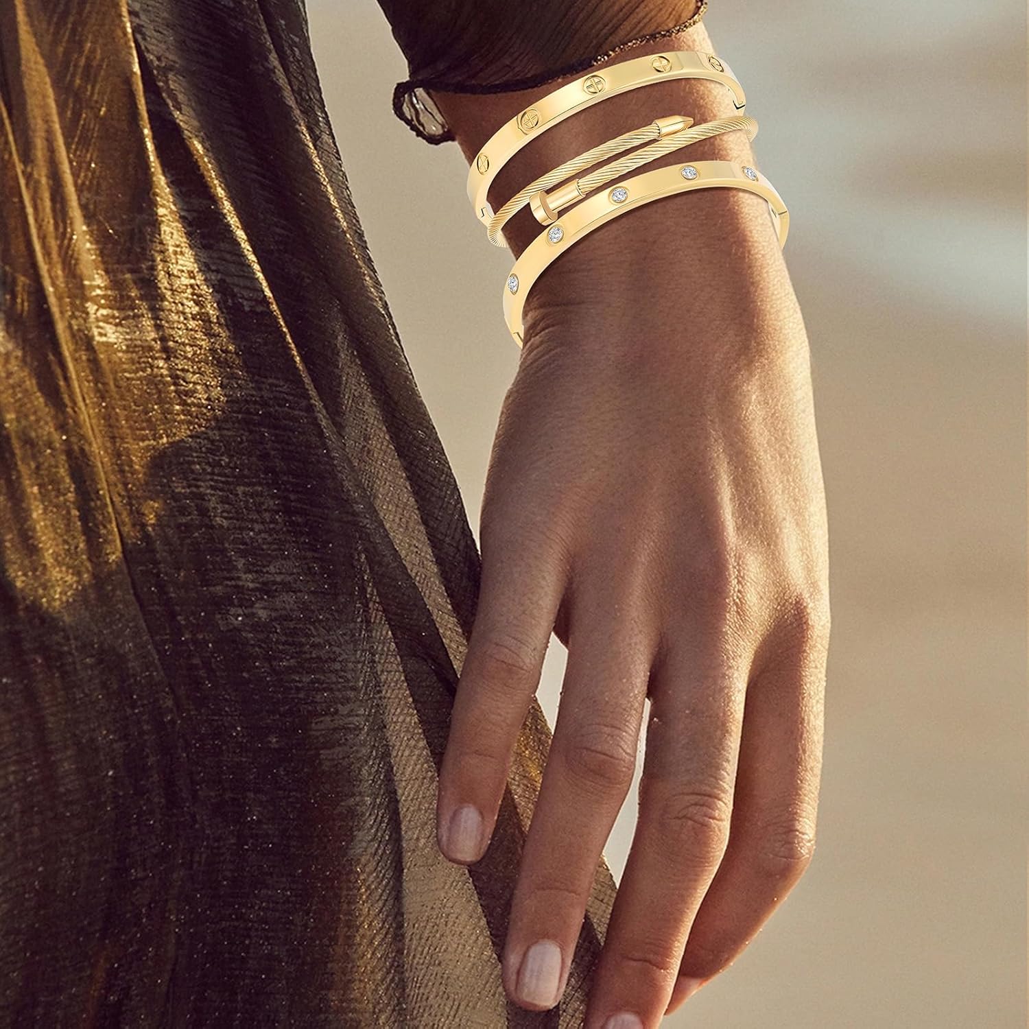Gold Bracelets for Women - Stackable Bangles with Friendship & Love Theme - Stainless Steel Jewelry Gift for Her