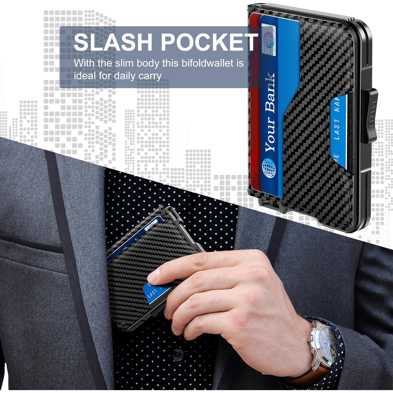 Wallet for Men - Pop Up Case, Cash Slot, and Credit Card Wallet - Slim Minimalist Aluminum Front Pocket Wallet with RFID Blocking/ID Window (Carbon Fiber)