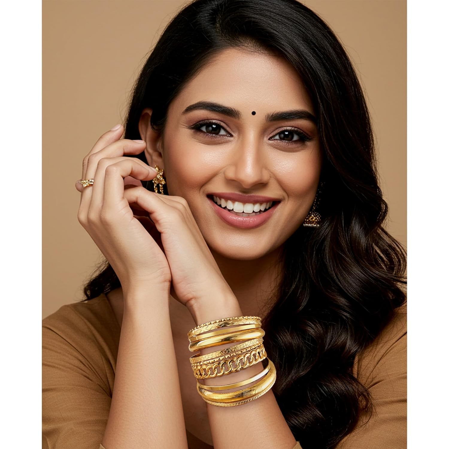 ÌF ME Gold Bangle Bracelets for Women, Indian Bangles Stackable Set, Multi Layer Textured 14K Gold Plated Chunky Bracelets Boho Jewelrys Set