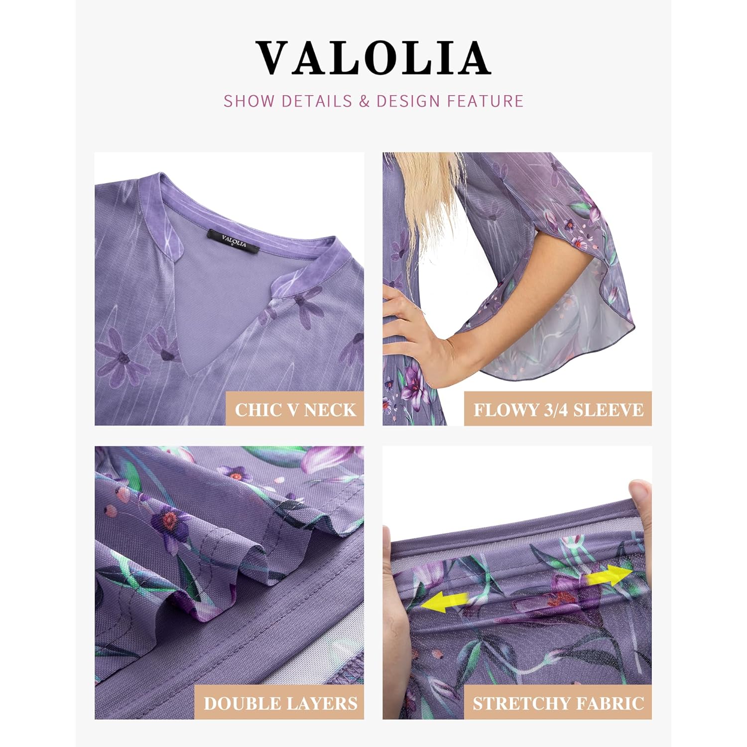 VALOLIA Women's 3/4 Sleeve Floral Tunic Tops V Neck Double Layers Loose Fit Mesh Blouses Shirt