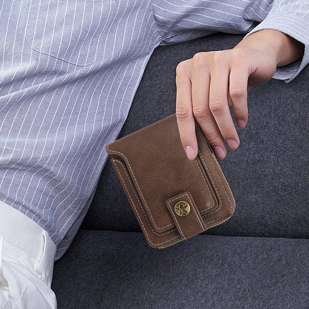 Men Wallet, Vintage PU Leather Multi-Card Zipper Wallet with 10 Card Slots and Zipper Pocket Large Capacity Buckle Credit Card Holder Wallet with Zipper (A, Brown)