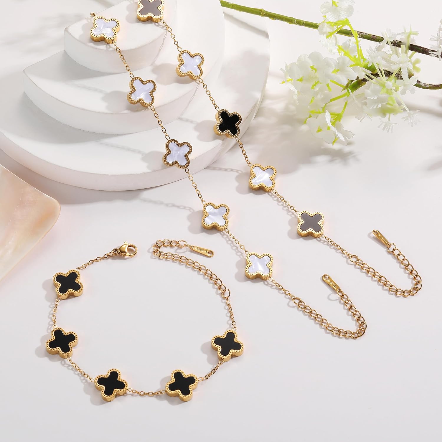 18K Gold Plated Clover Bracelet Set for Women Fashion Simple Four Leaf Lucky Flower Bracelets Jewelry Gifts for Women 3Pcs