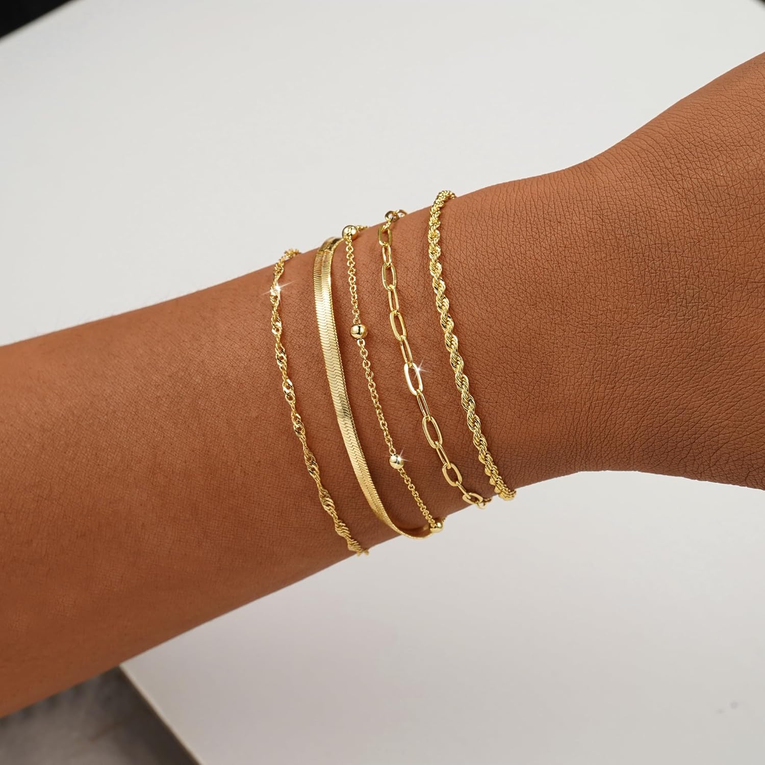 BERISO Gold Bracelets for Women, Elegant Adjustable 14K Gold Plated Bracelet for Women, Trendy Minimalist Dainty Gold Bracelet for Everyday Wear