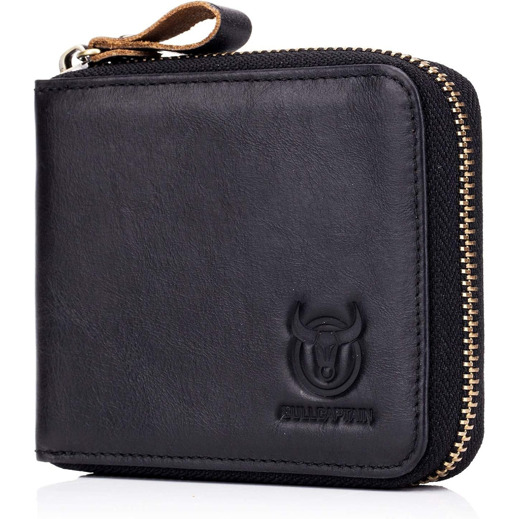 BULLCAPTAIN Mens Genuine Leather Zipper Wallet RFID Blocking Bifold Secure Zip Around Wallets Multi Credit Card Holder Purse (black)