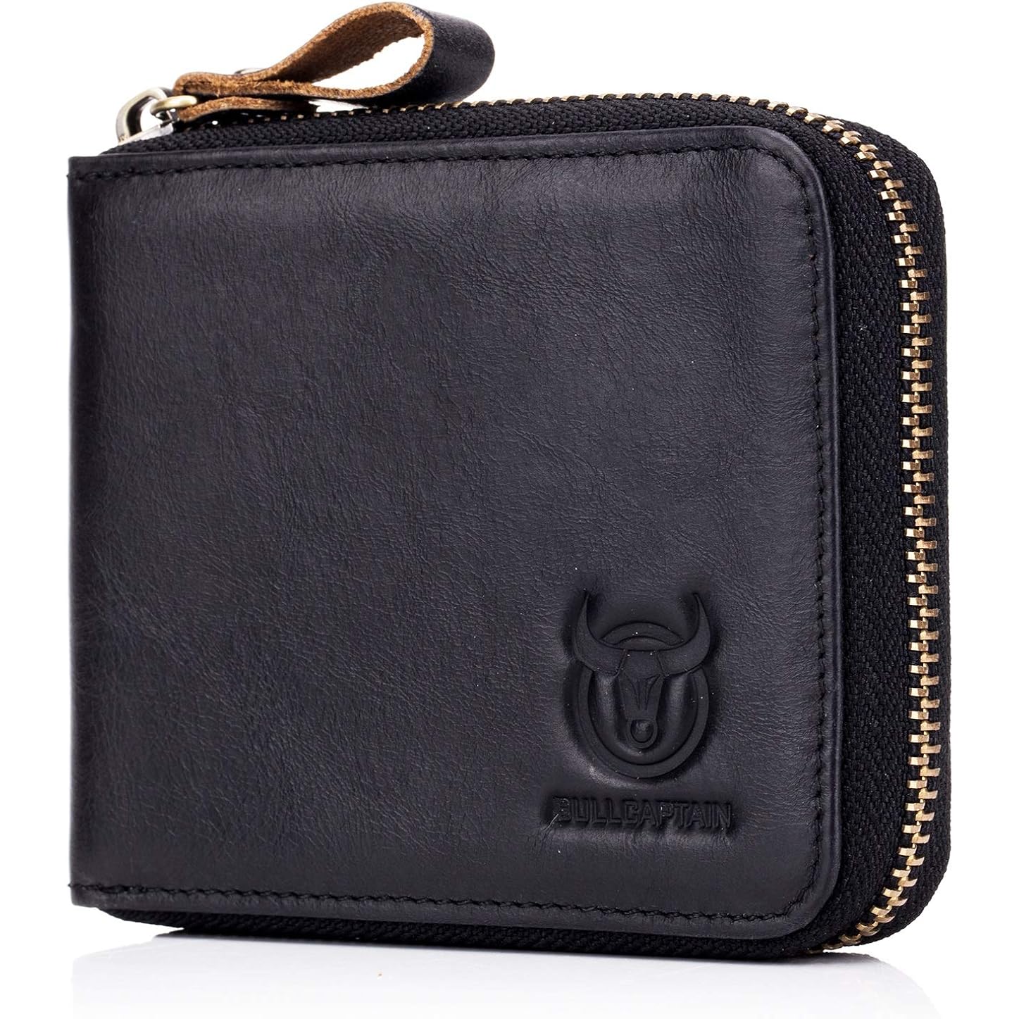 BULLCAPTAIN Mens Genuine Leather Zipper Wallet RFID Blocking Bifold Secure Zip Around Wallets Multi Credit Card Holder Purse (black)