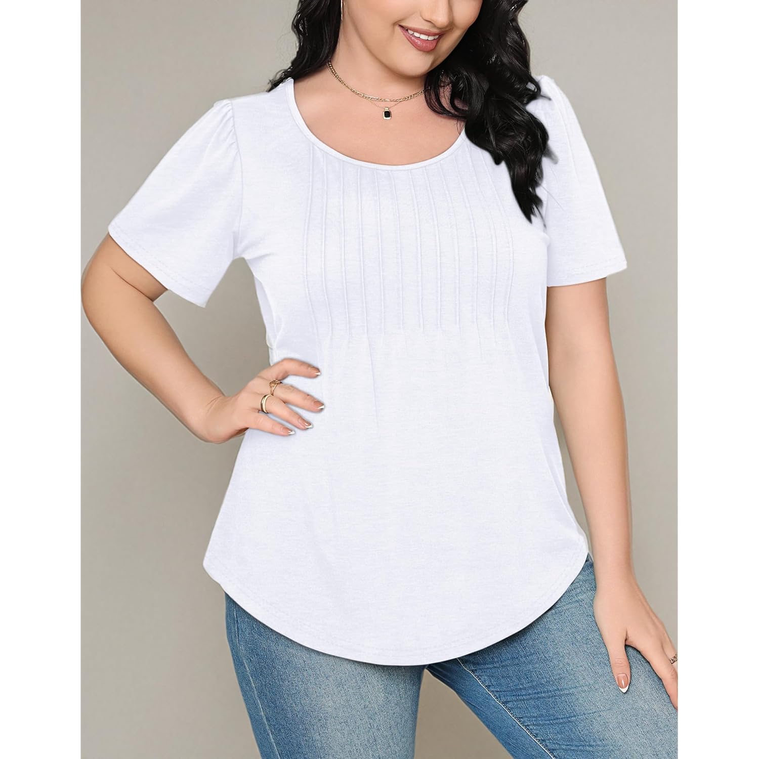 OFEEFAN Womens T Shirts Short Sleeve Pleated Dressy Casual Scooped Neck Summer Tops Blouses