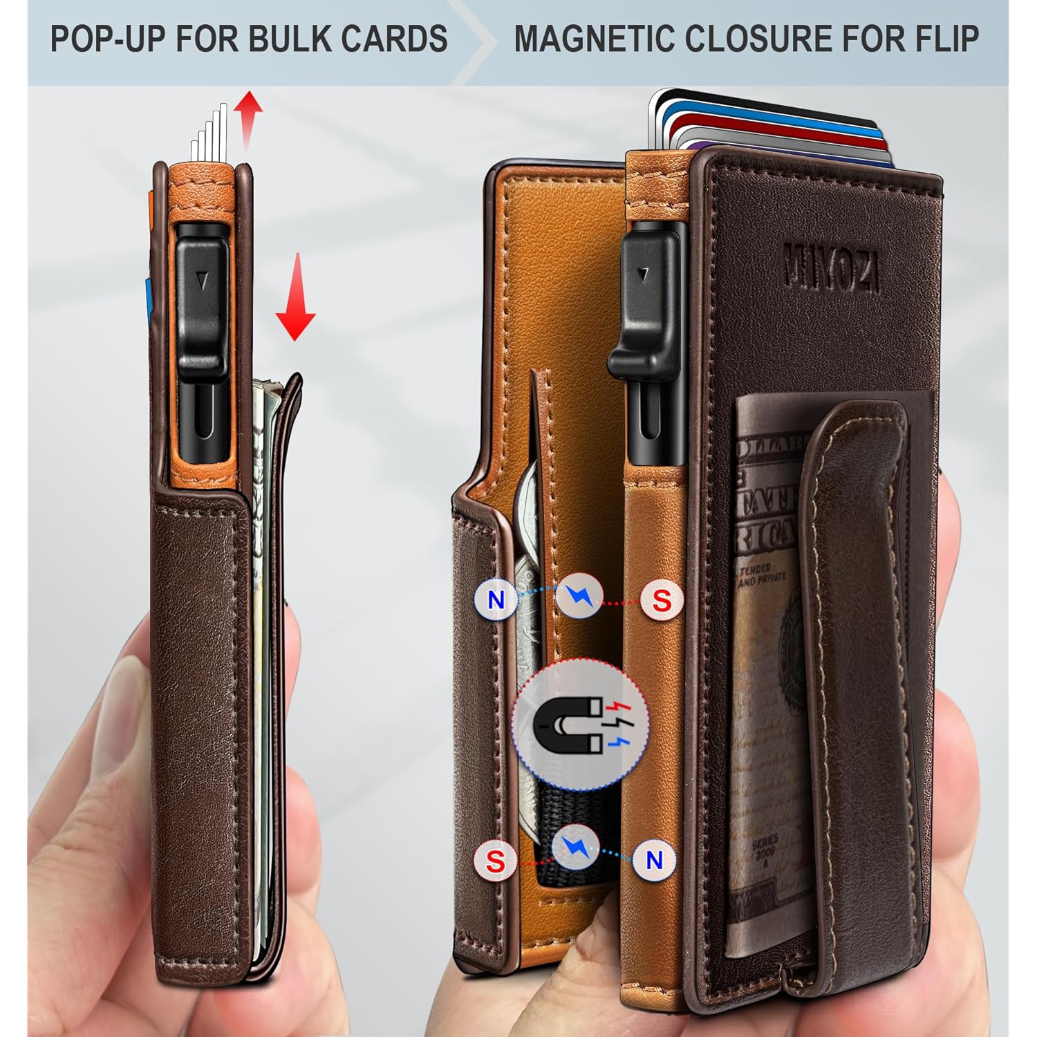 Wallet for Men Wallet with ID Window Slim Smart Pop Up Aluminum Card Holder, Bifold Minimalist Magnetic Closure RFID Blocking Wallet  9 Slots with Money Clip&Coins Pocket Gift Boxed