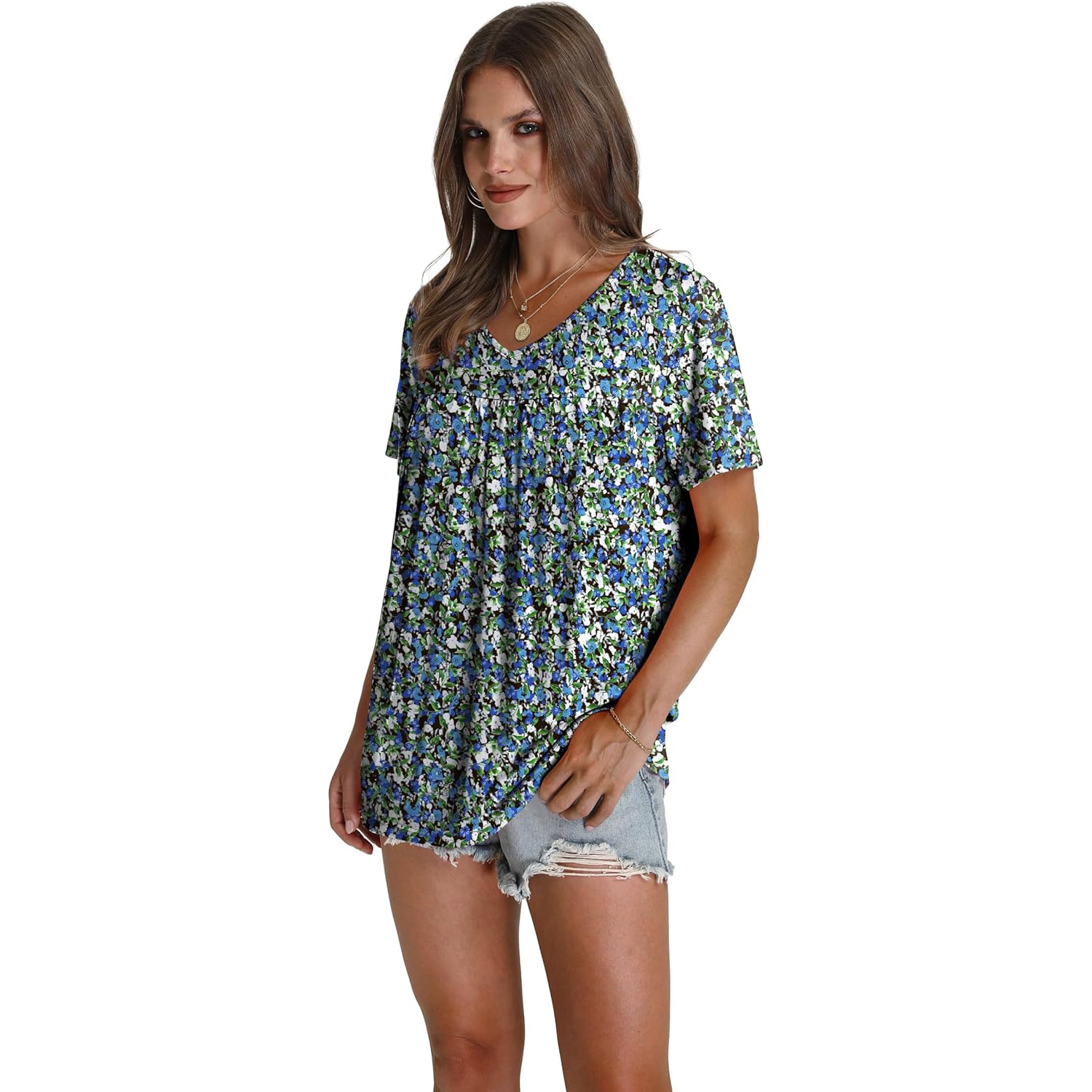 WEESO Womens T Shirts Short Sleeve Pleated Dressy Casual V Neck Summer Tops Blouses