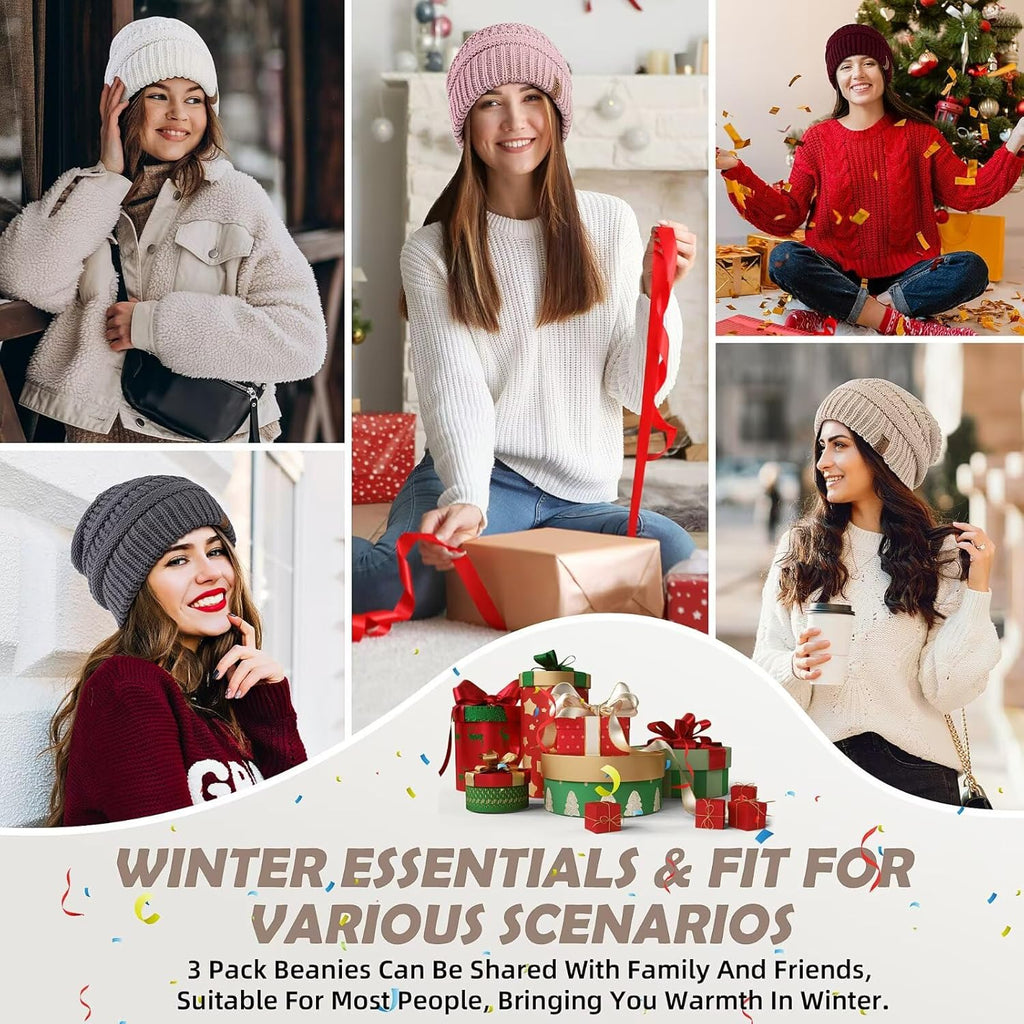 3 Pack Satin Lined Beanie for Women, Warm Slouchy Winter Hats with Silk Lined, Fashionable Oversized Cable Knit Hat Skull Cap