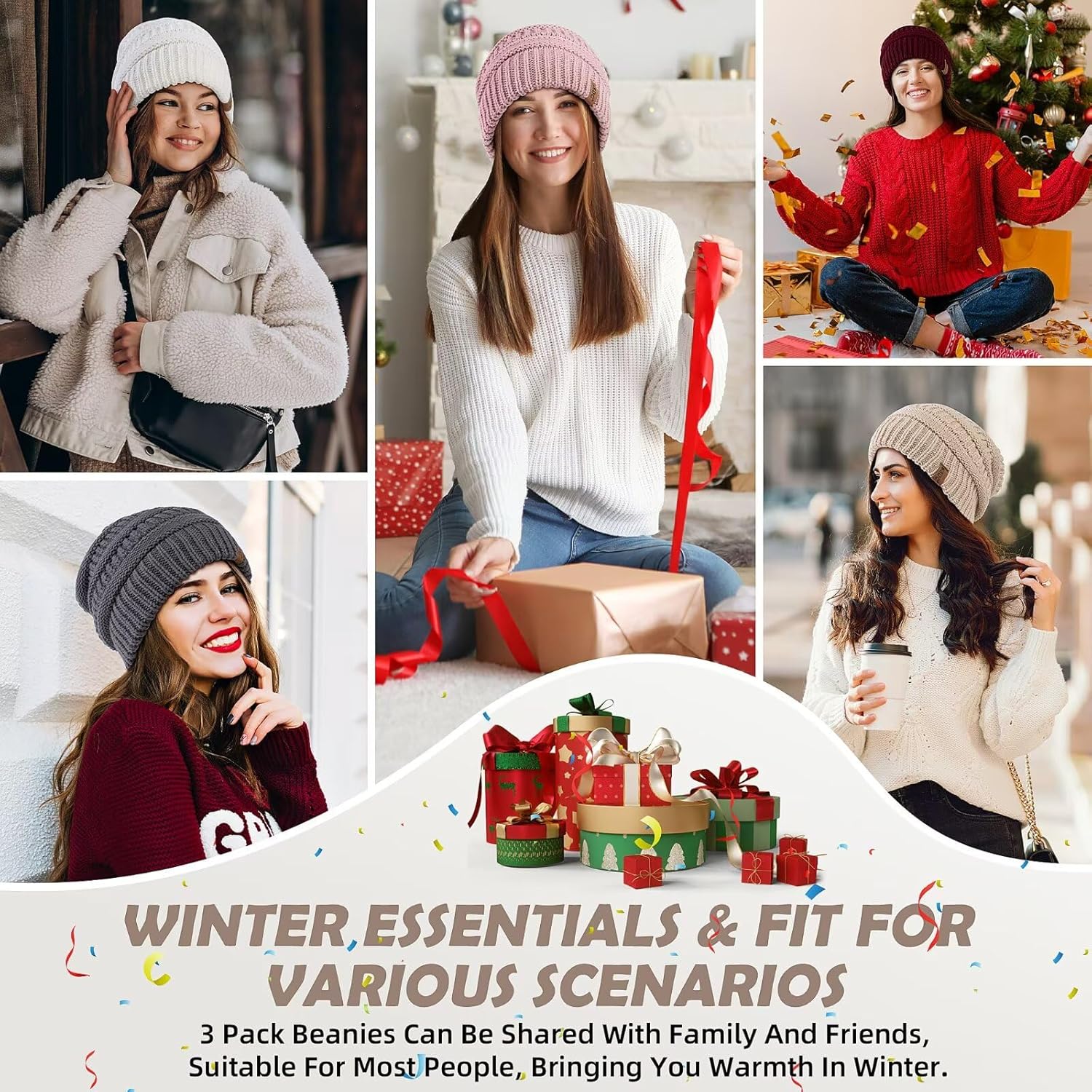 3 Pack Satin Lined Beanie for Women, Warm Slouchy Winter Hats with Silk Lined, Fashionable Oversized Cable Knit Hat Skull Cap