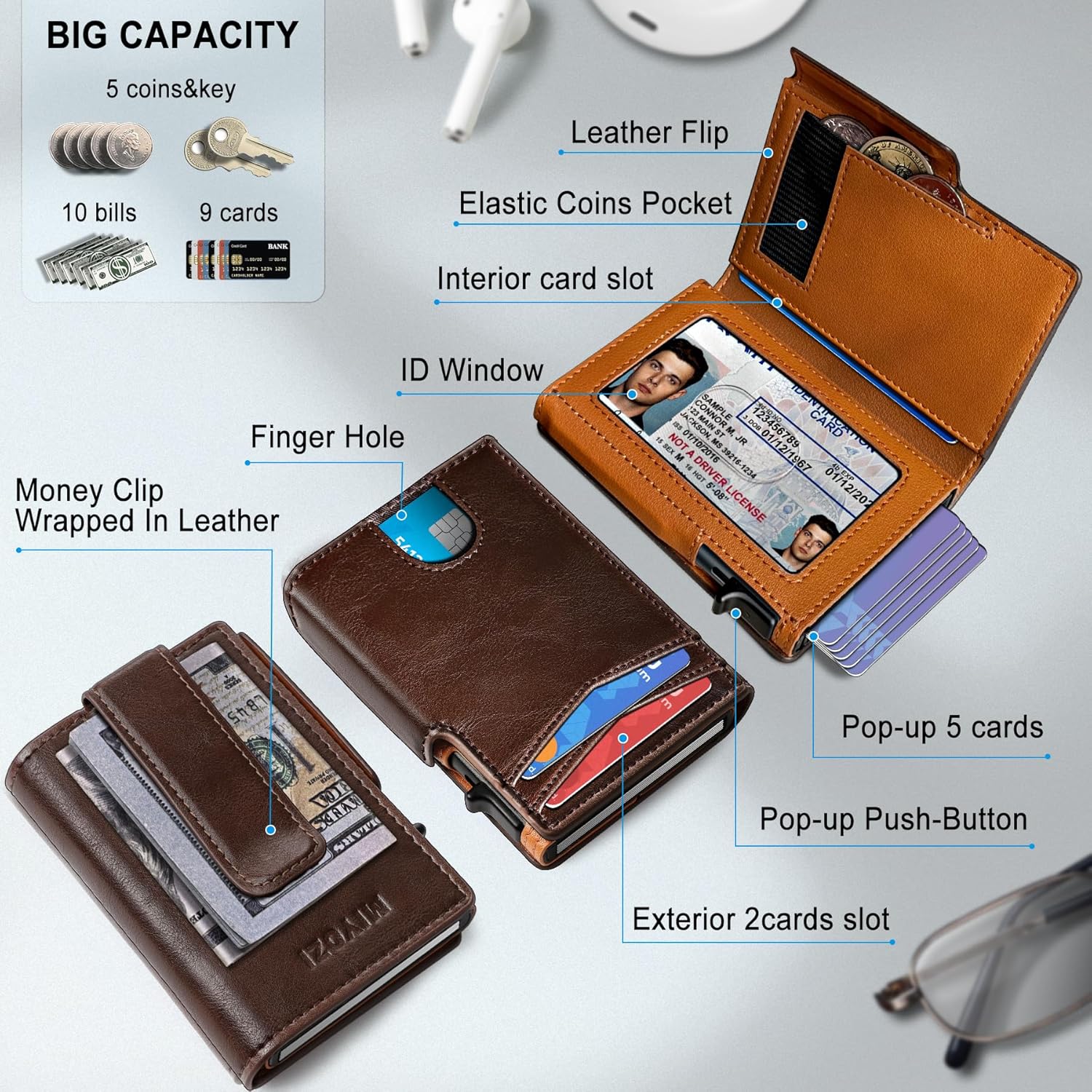 Wallet for Men Wallet with ID Window Slim Smart Pop Up Aluminum Card Holder, Bifold Minimalist Magnetic Closure RFID Blocking Wallet  9 Slots with Money Clip&Coins Pocket Gift Boxed