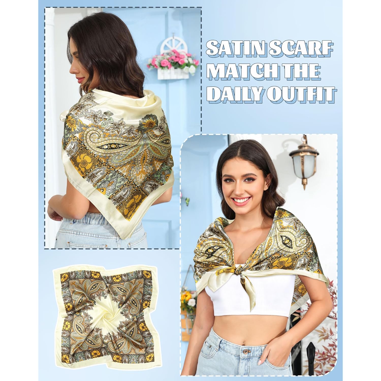 AWAYTR 35” Large Square Satin Head Scarf - 3Pcs Satin Hair Scarves Silk Bandana Scarf Headscarf Silk Feeling Scarf for Women