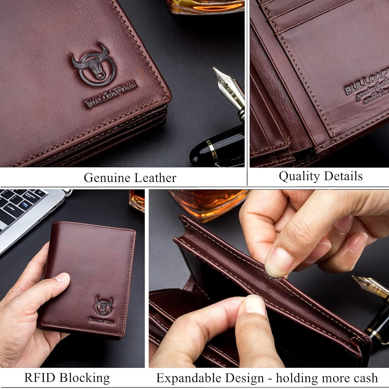 BULLCAPTAIN Large Capacity Genuine Leather Bifold Wallet/Credit Card Holder for Men with 15 Card Slots QB-027