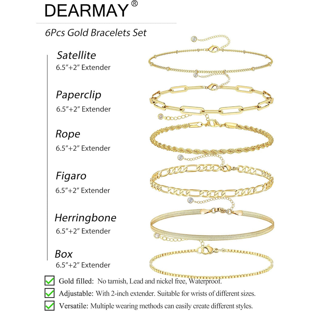 DEARMAY Gold Bracelets for Women Waterproof, 14K Real Gold Jewelry Sets Trendy Thin Dainty Stackable Cuban Link Paperclip Chain Bracelet Pack Fashion Accessories Gifts for Womens
