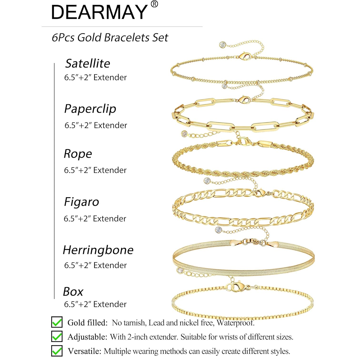 DEARMAY Gold Bracelets for Women Waterproof, 14K Real Gold Jewelry Sets Trendy Thin Dainty Stackable Cuban Link Paperclip Chain Bracelet Pack Fashion Accessories Gifts for Womens