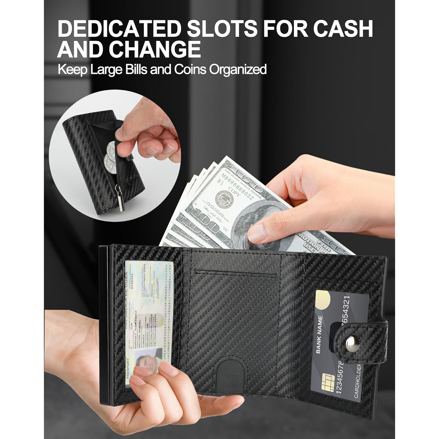 Mens Wallet Credit Card Holder - with AirTag Holder, 2 ID Windows | Trifold Leather | RFID Blocking Pop Up Wallet | Cash Slot | Coin Pocket | Morden Business Stylish Slim | Gifts for Men