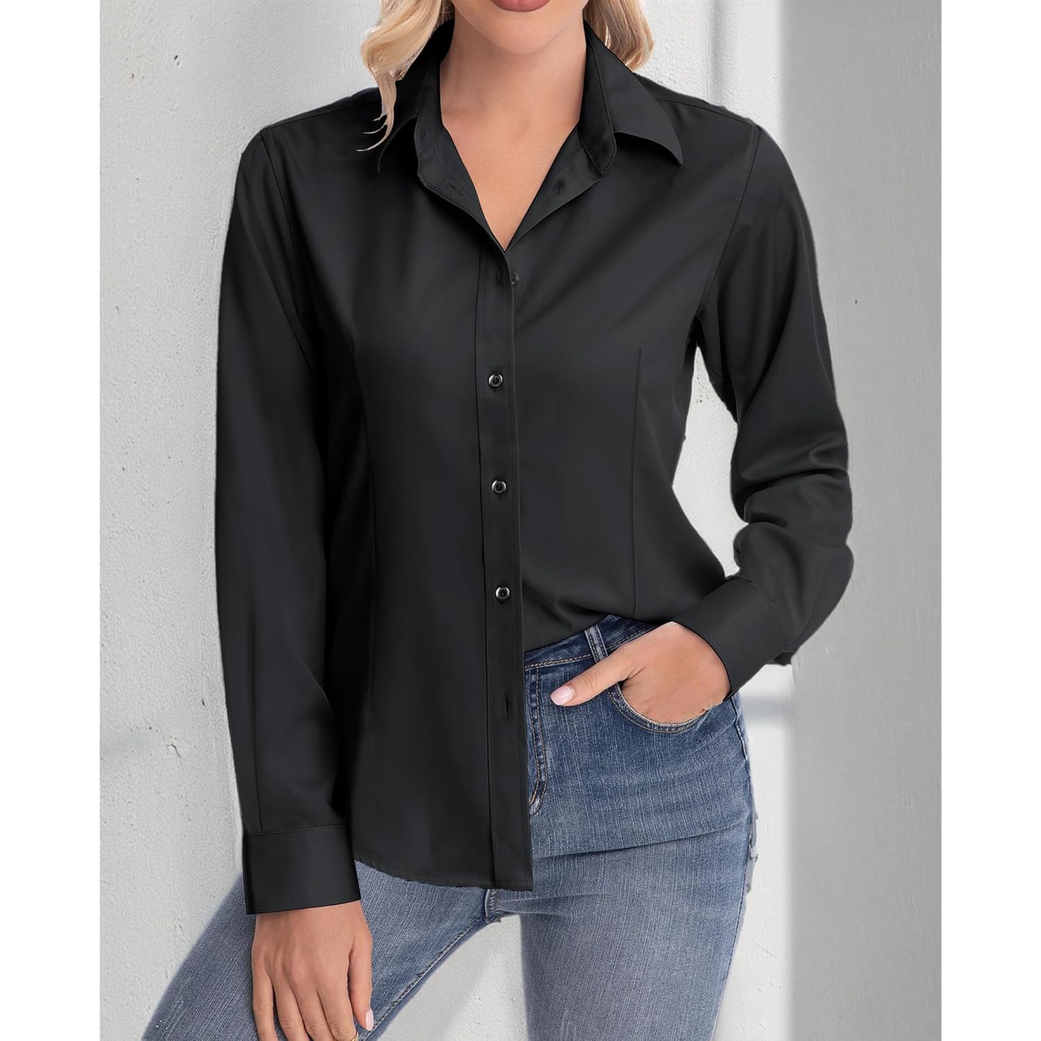 siliteelon Womens Classic-Fit Dress Shirts Long Sleeve Button Down Wrinkle-Free Stretch Solid Casual Work Office Blouse Top
