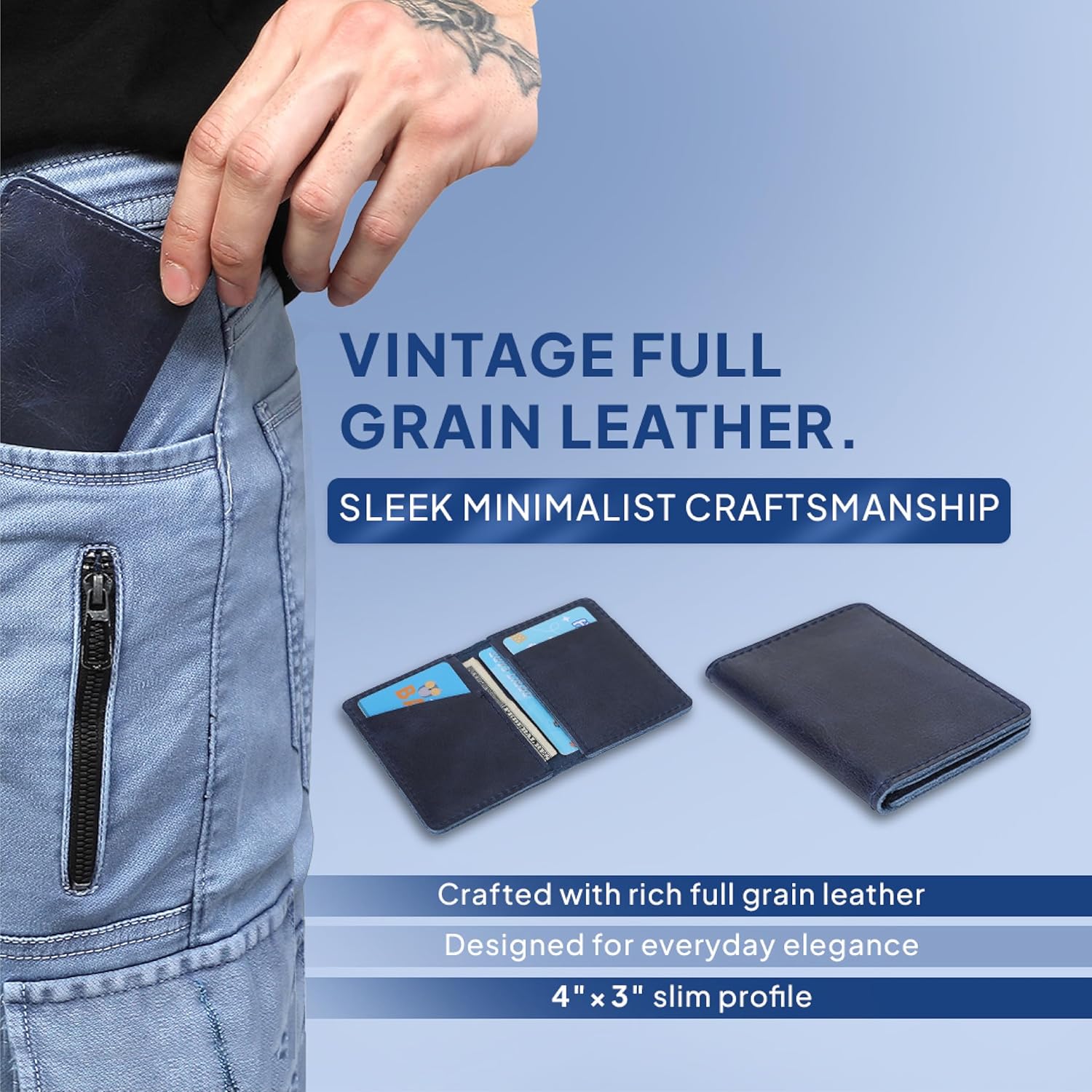 Blue Leather Card Holder for Men & Women - Credit Card Wallet Holds Up to 4 Cards, Compact Money Organizer, Bi-Fold Wallet for Front Pockets, Slim Credit Card Case Holder for Travel