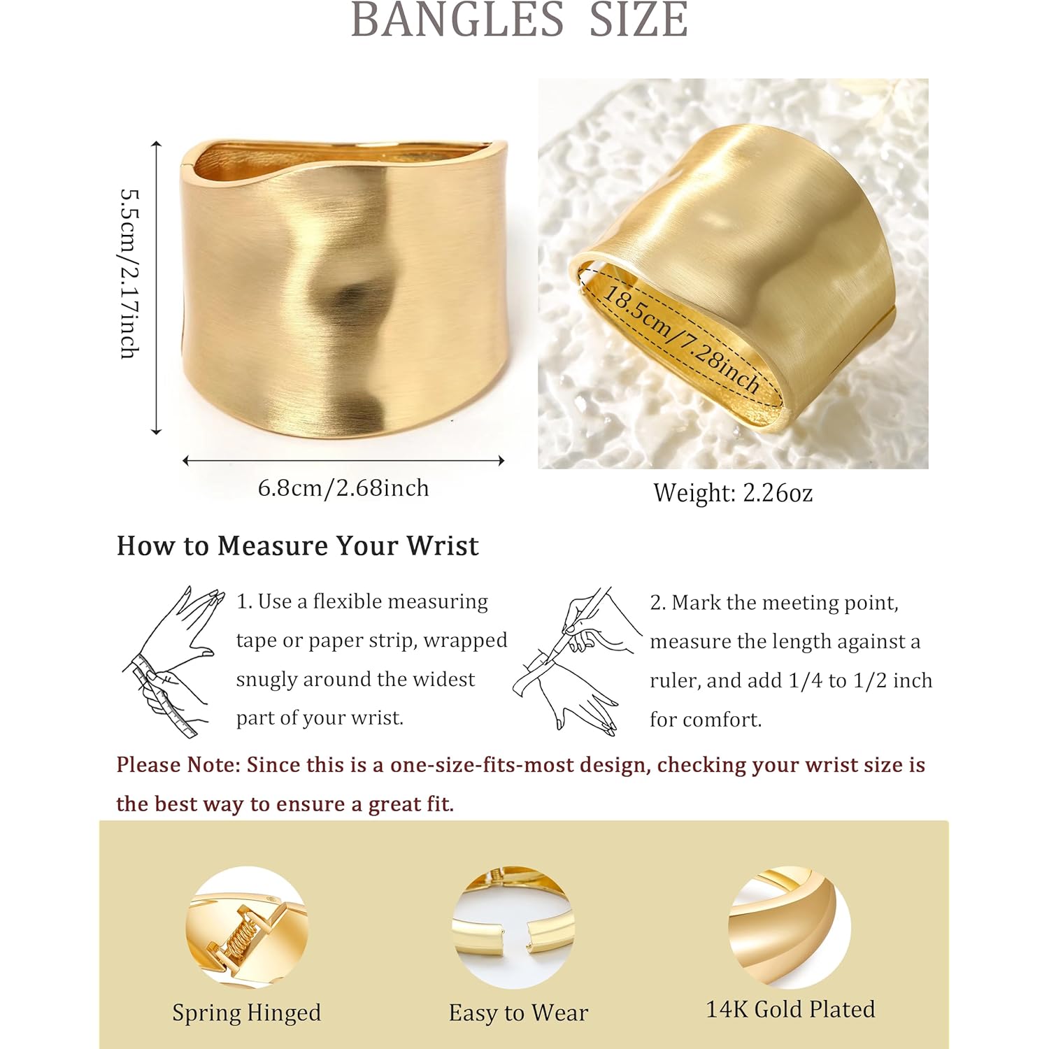 Bangle Bracelets for Women | 14K Gold Plated Trendy Wide Bracelets | Hinged Arm Cuff Bangles Chunky Bracelet for Women