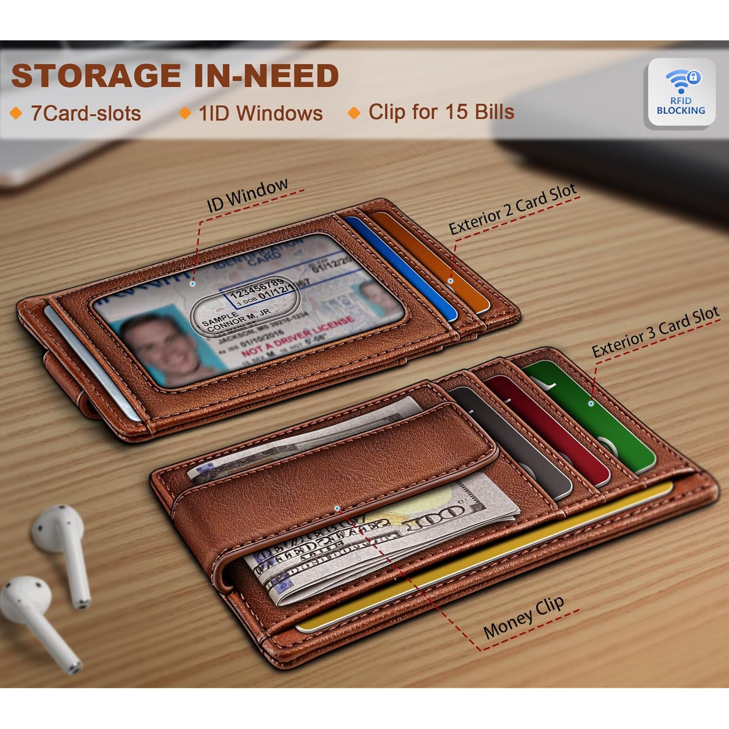 BULLIANT Men Wallet,Slim Leather Wallet Money Clip Card Hodler For Men Gift 8 Cards RFID Blocking