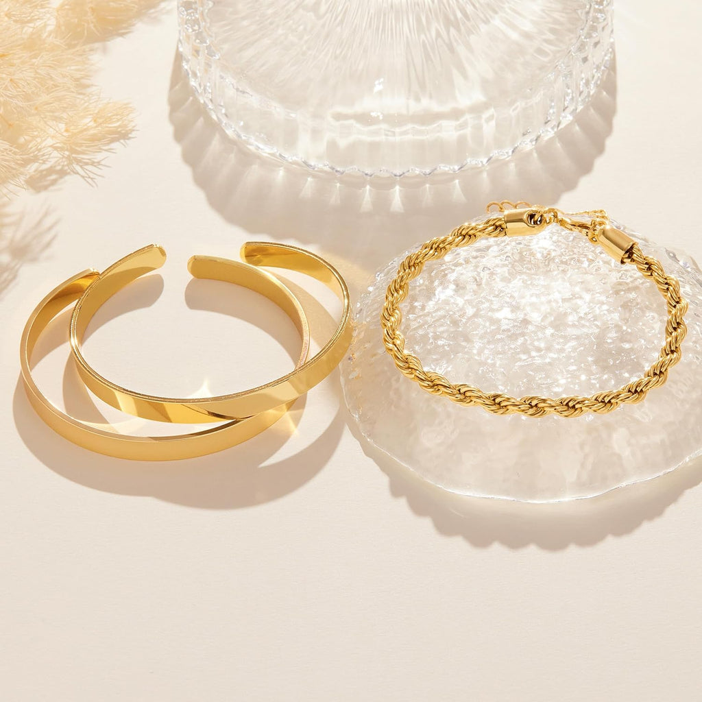Gold Bracelets for Women Non Tarnish Dainty 14K Real Gold Plated Bangle Cuff Bracelets Stack for Women,Waterproof Stackable Bracelet Gold Jewelry Trendy Gifts Adjustable