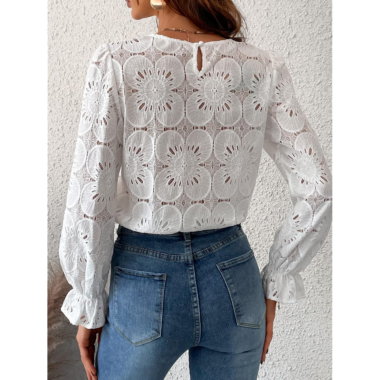 CUPSHE Women Eyelet Long Sleeve Tops Shirts Dressy Hollow Out Crochet Lace Embroidered Blouses 2025 Fashion