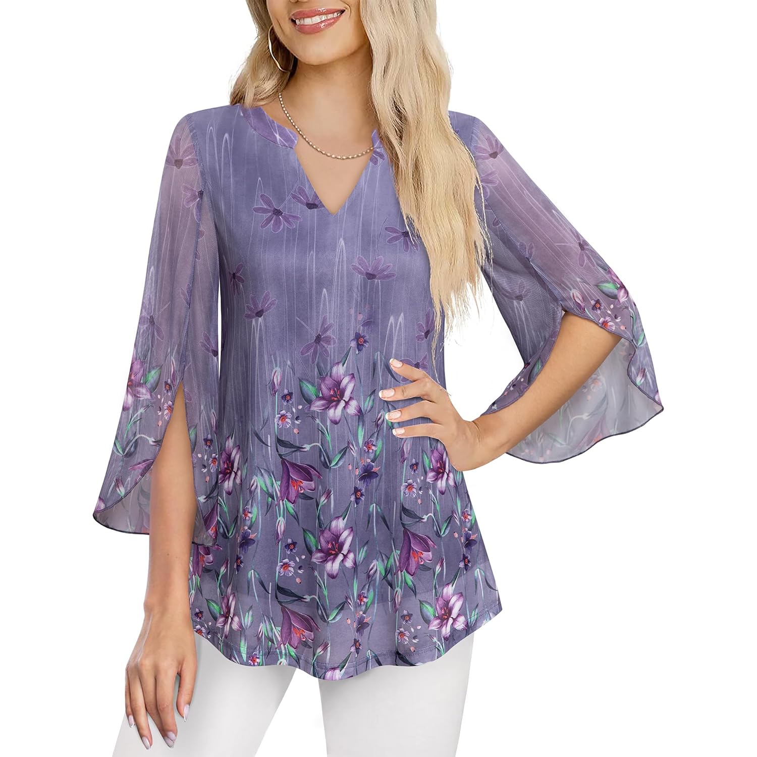 VALOLIA Women's 3/4 Sleeve Floral Tunic Tops V Neck Double Layers Loose Fit Mesh Blouses Shirt
