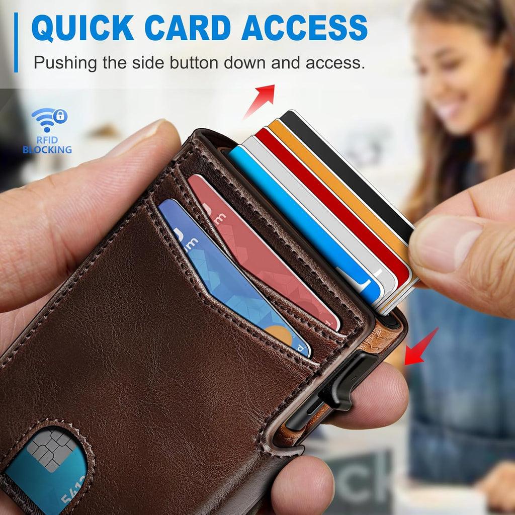 Wallet for Men Wallet with ID Window Slim Smart Pop Up Aluminum Card Holder, Bifold Minimalist Magnetic Closure RFID Blocking Wallet  9 Slots with Money Clip&Coins Pocket Gift Boxed